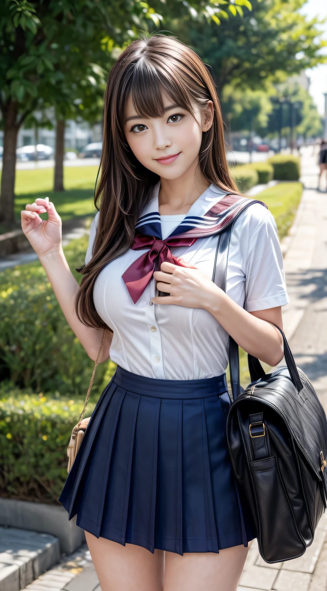 ((top-quality、8K、masterpiece:1.3))、foco nítido:1.2、Beautiful Women in Perfect Style:1.4、Slender Abs:1.2、((dark brown hair、Colossal tits:1.2))、(natural soft light、City Street:1.1)、Highly detailed facial and skin texture、A detailed eye、二重まぶた、Sexy schoolgirl in miniskirt sailor suit、A slight smil