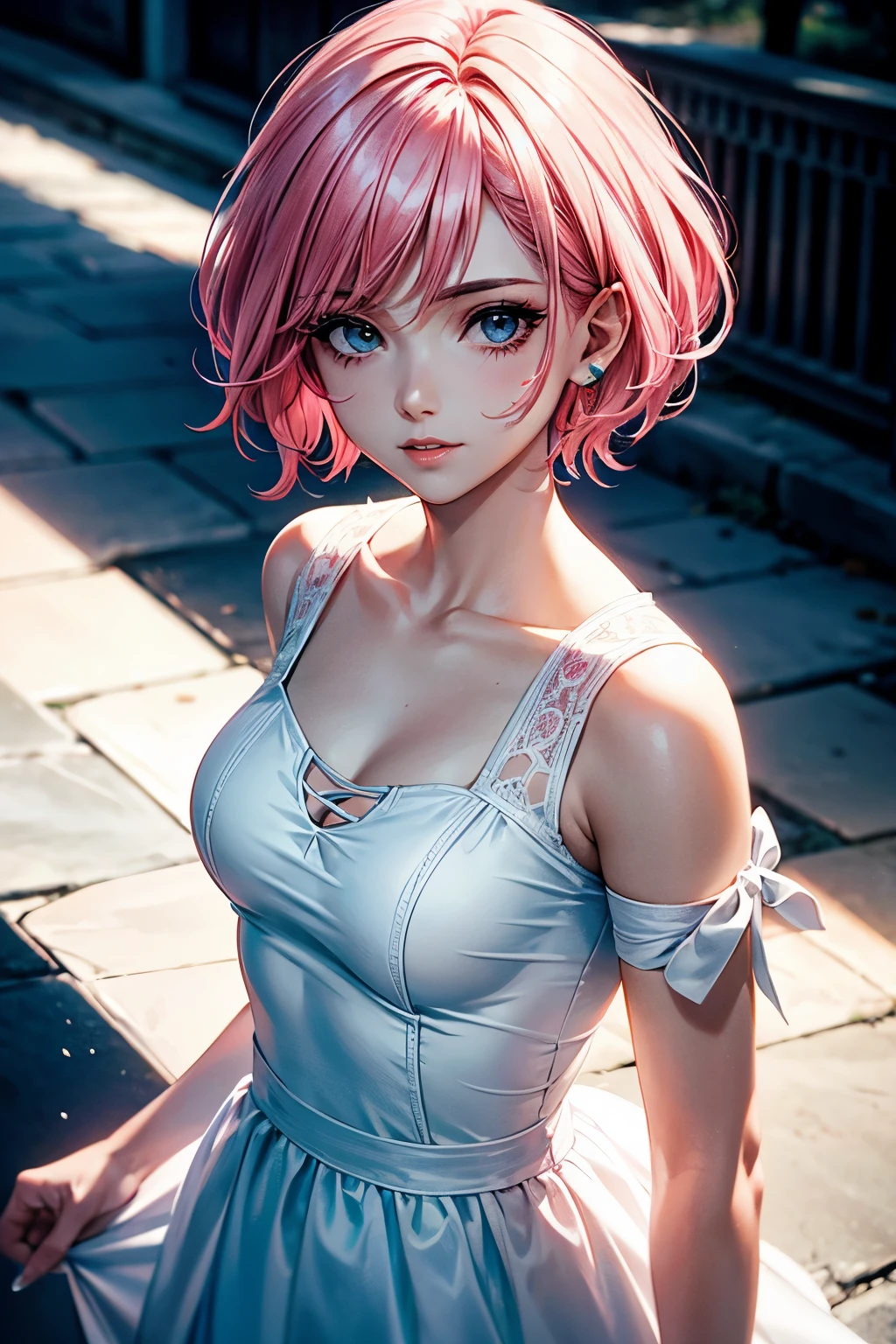Arcanevi, a woman with short medium pink hair wearing a white dress, face feminina, arte do personagem do motor irreal, retrato