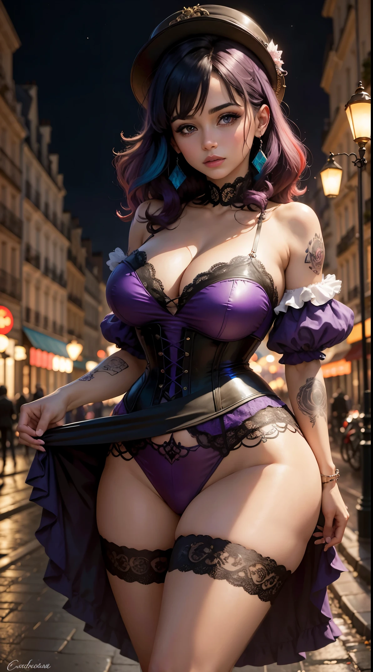 cautivadora de una mujer, walking through Paris at night, torre Eiffel, cabello largo multicolor, con senos grandes, tetona, In a sensual purple corset. Con una minifalda abullonada. Con medias negras de encaje, curpo tatuado, tatuajes, pecho tatuado, aros, ojos azules,