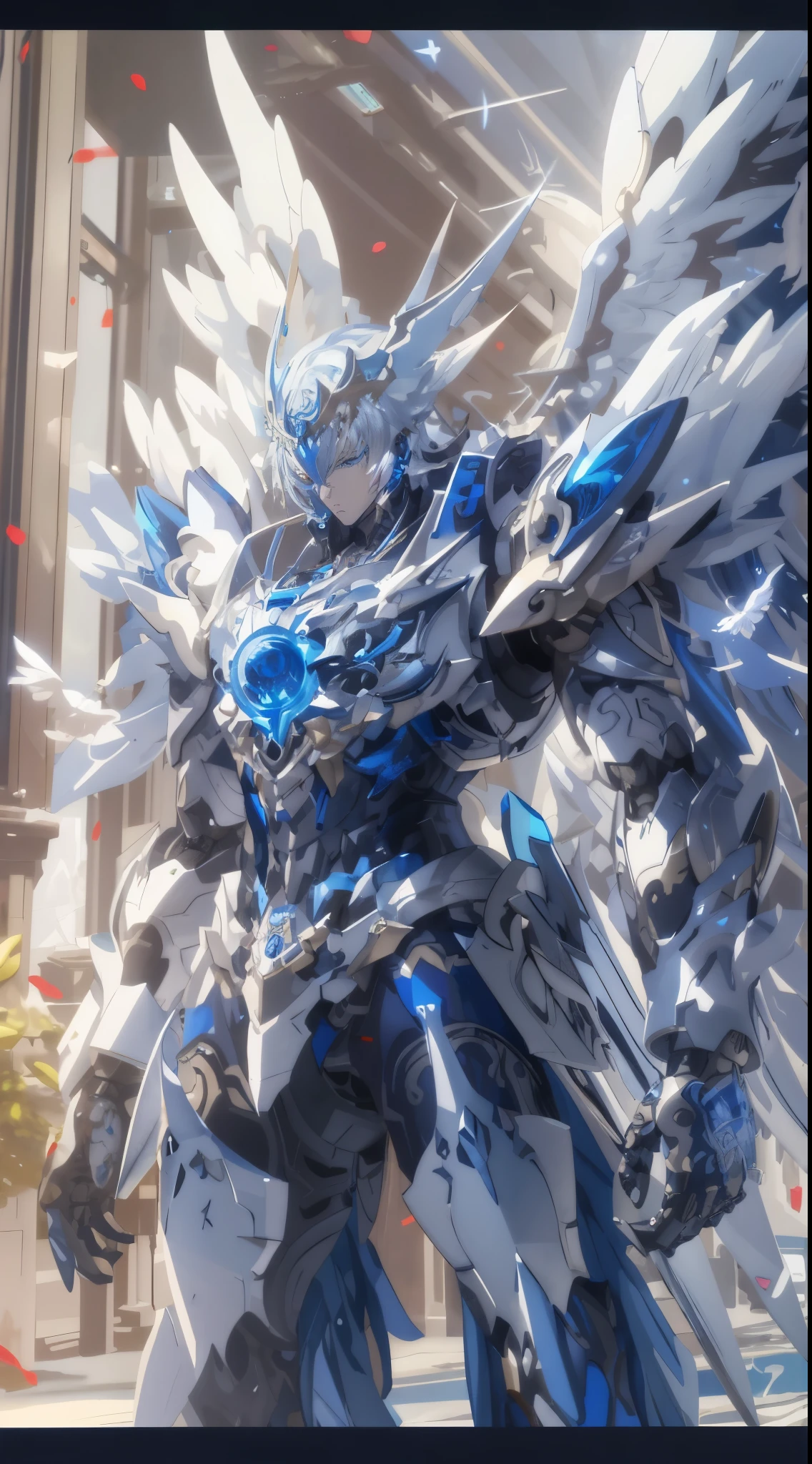robot araff with blue and white body and wings, detailed anime artwork, detailed anime art, detailed digital anime art, silver reflective armor, detailed key anime art, Advanced Digital Anime Art, Highly detailed anime, blue and silver armor, intricate ornate anime cgi style, high detail official illustrations, highly detailed 4k digital art