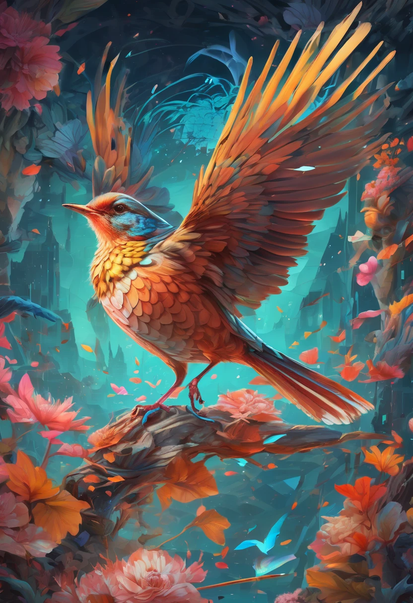 a bird in perfect geometrical harmony, intricate and hyperdetailed by Android Jones, Emily Kell, Rossdraws, Andree Wallin, Sung Choi, fluid ink and oil splash painting artistic fantasy art, album cover art, amazing depth, perfect ratio, hdr, 8k resolution, perfect balanced styles, intense light, muted colors,hyperdetailed masterwork by head of prompt engineering