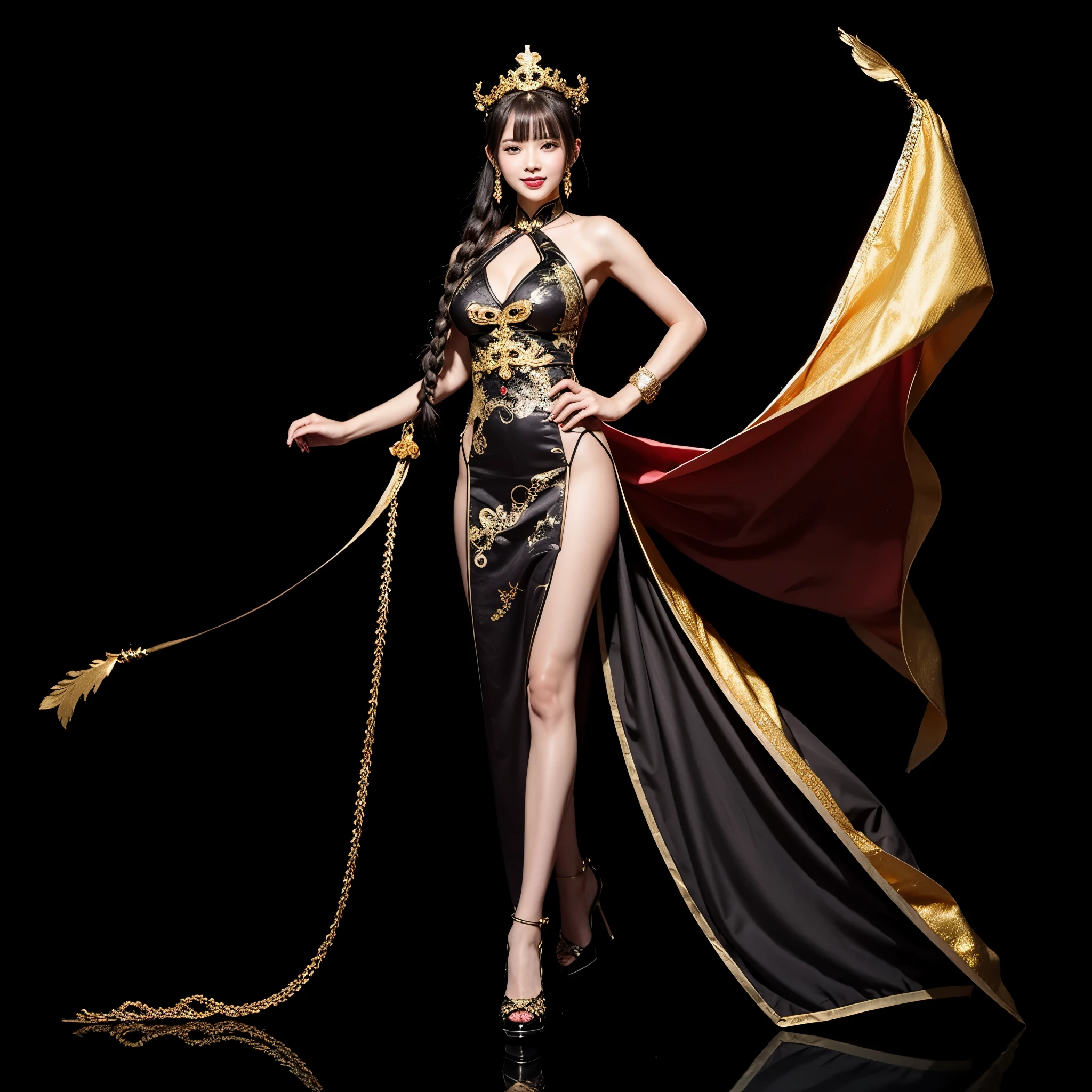 full body xianxia, a beautiful fantasy empress, Kangxi from kawaii strike,a woman in a black and gold outfit,anime goddess, long dark brown braided hair with fringe, golden eyes, smilling face, beautiful face, hair ornment