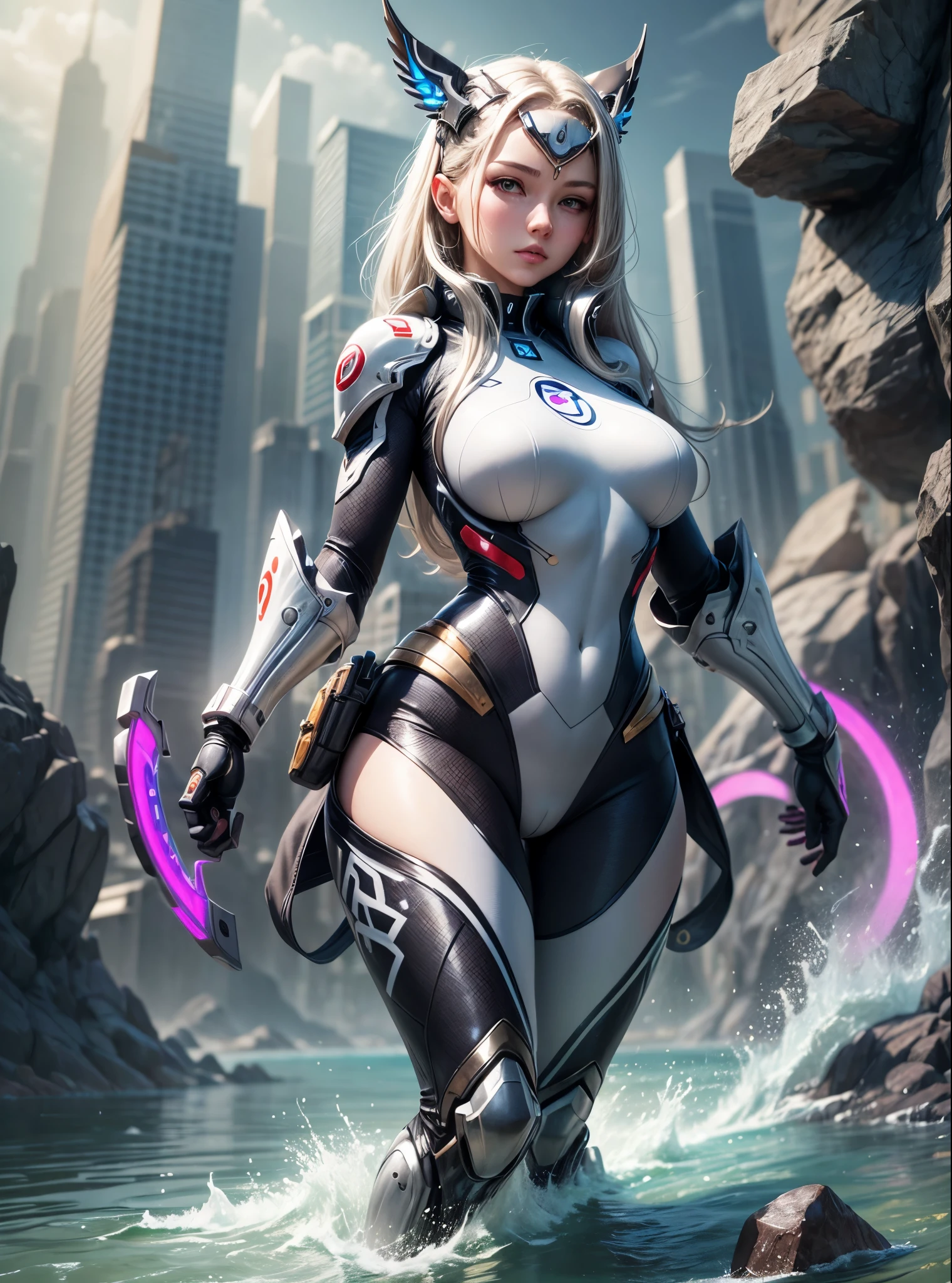 a woman in a wetsuit is standing in a body of water, beautiful cyborg priestess, 2. 5 d cgi anime fantasy artwork, perfect anime cyborg woman, [ trending on cgsociety ]!!, extremely detailed artgerm, cute cyborg girl, girl in mecha cyber armor, armor girl, cyborg girl, beutiful girl cyborg