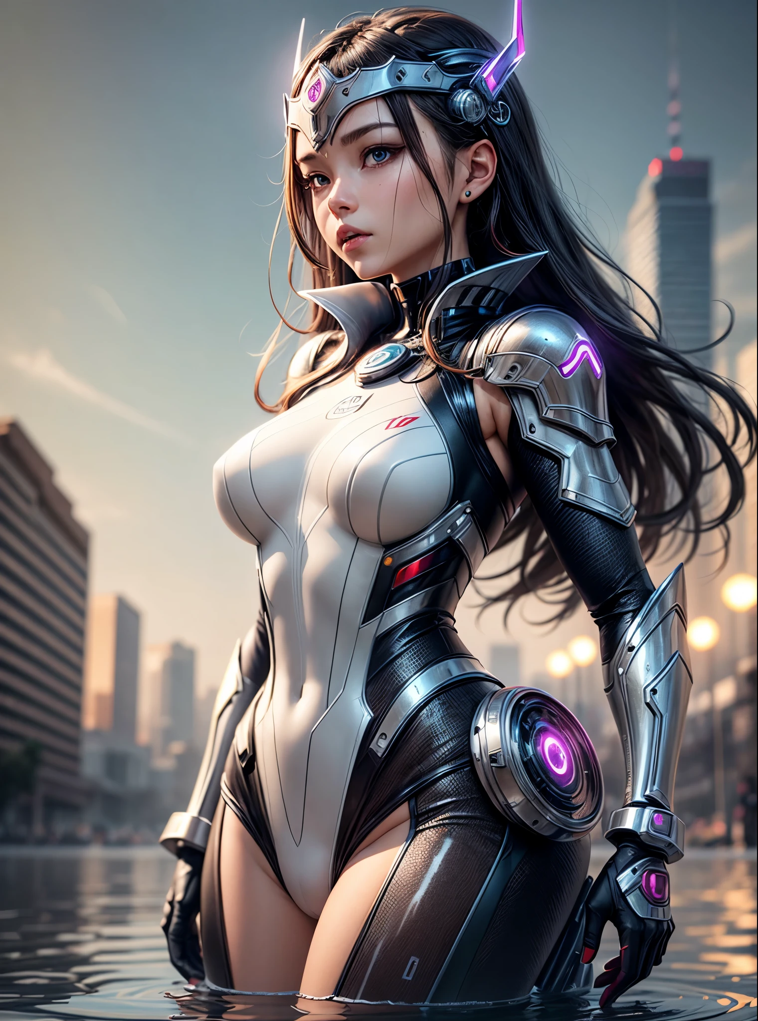 a woman in a wetsuit is standing in a body of water, beautiful cyborg priestess, 2. 5 d cgi anime fantasy artwork, perfect anime cyborg woman, [ trending on cgsociety ]!!, extremely detailed artgerm, cute cyborg girl, girl in mecha cyber armor, armor girl, cyborg girl, beutiful girl cyborg