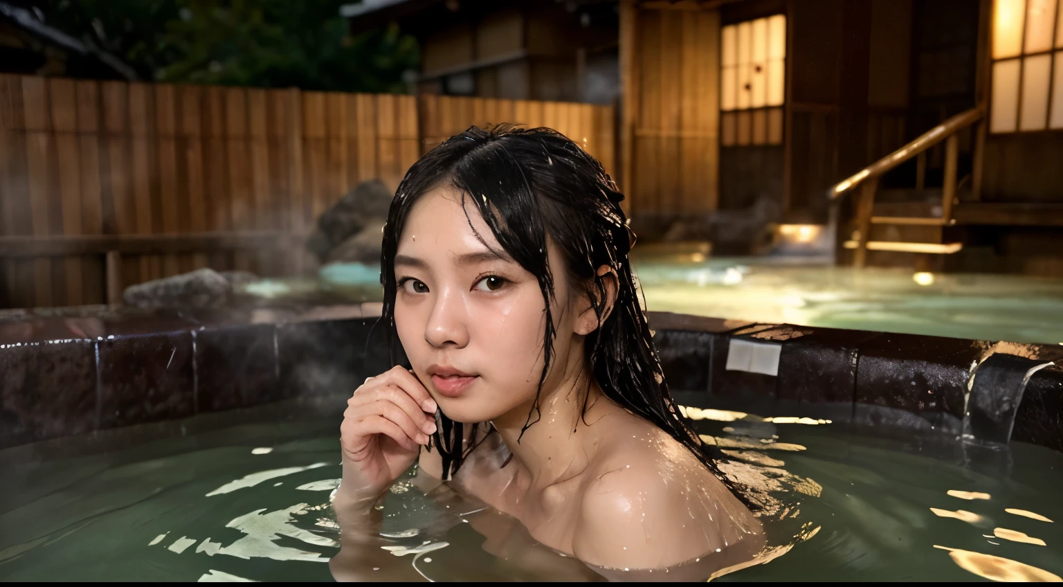 Naked Japanese beauty covered in loads of cum during nighttime sex、Screaming orgasm while snuggling in outdoor hot spring、No lighting、Huge meat stick