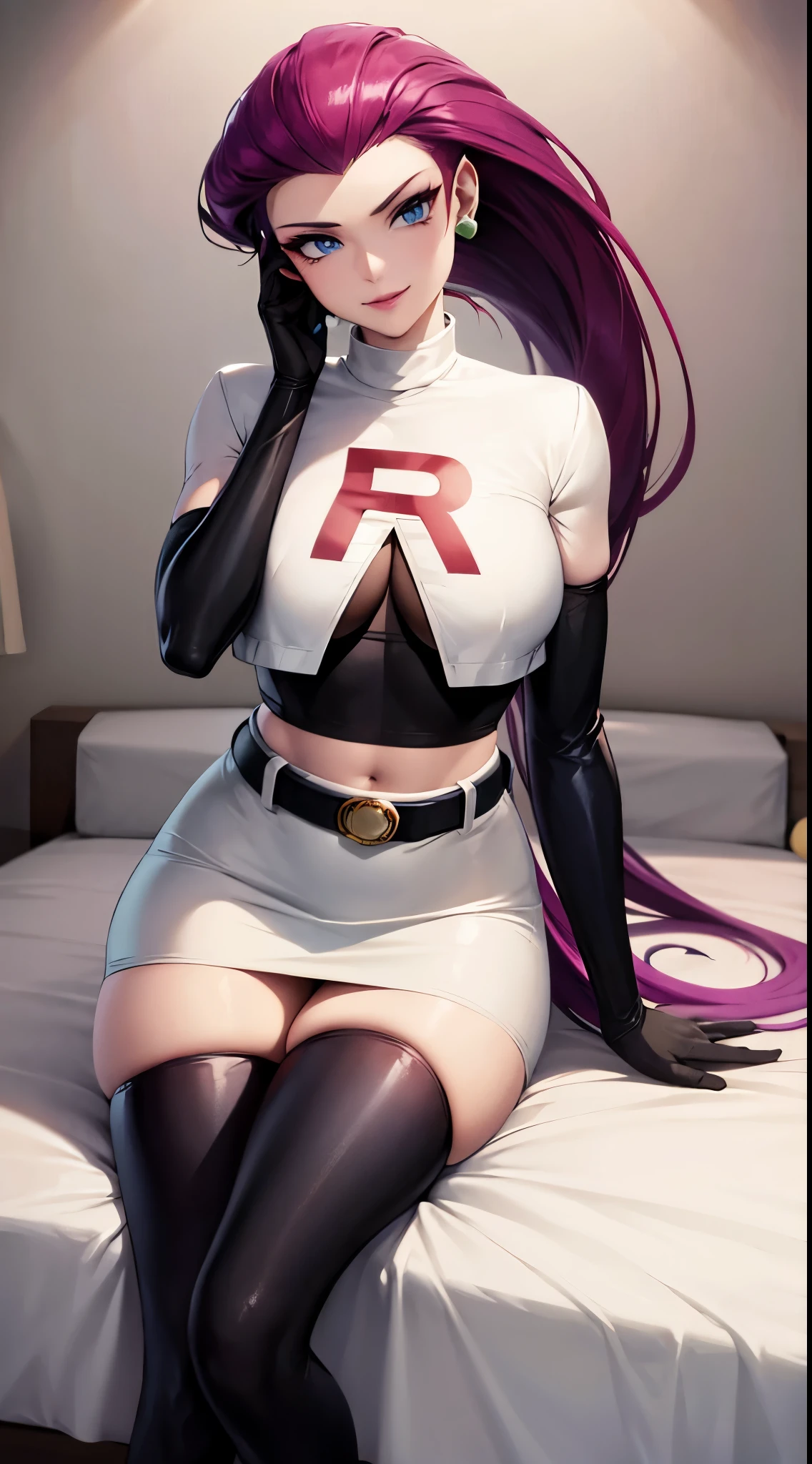 jessie pokemon, solo, team rocket, gloves, (hair slicked back), long hair, jewelry, skirt, navel, thighhighs, earrings, elbow gloves, team rocket uniform, crop top, blue eyes, midriff, white background, belt, black gloves, very long hair, bedroom ,bed,tight black thighhighs, purple hair, looking at viewer,big breasts, white skirt, miniskirt,tight skirt, sitting,smiling