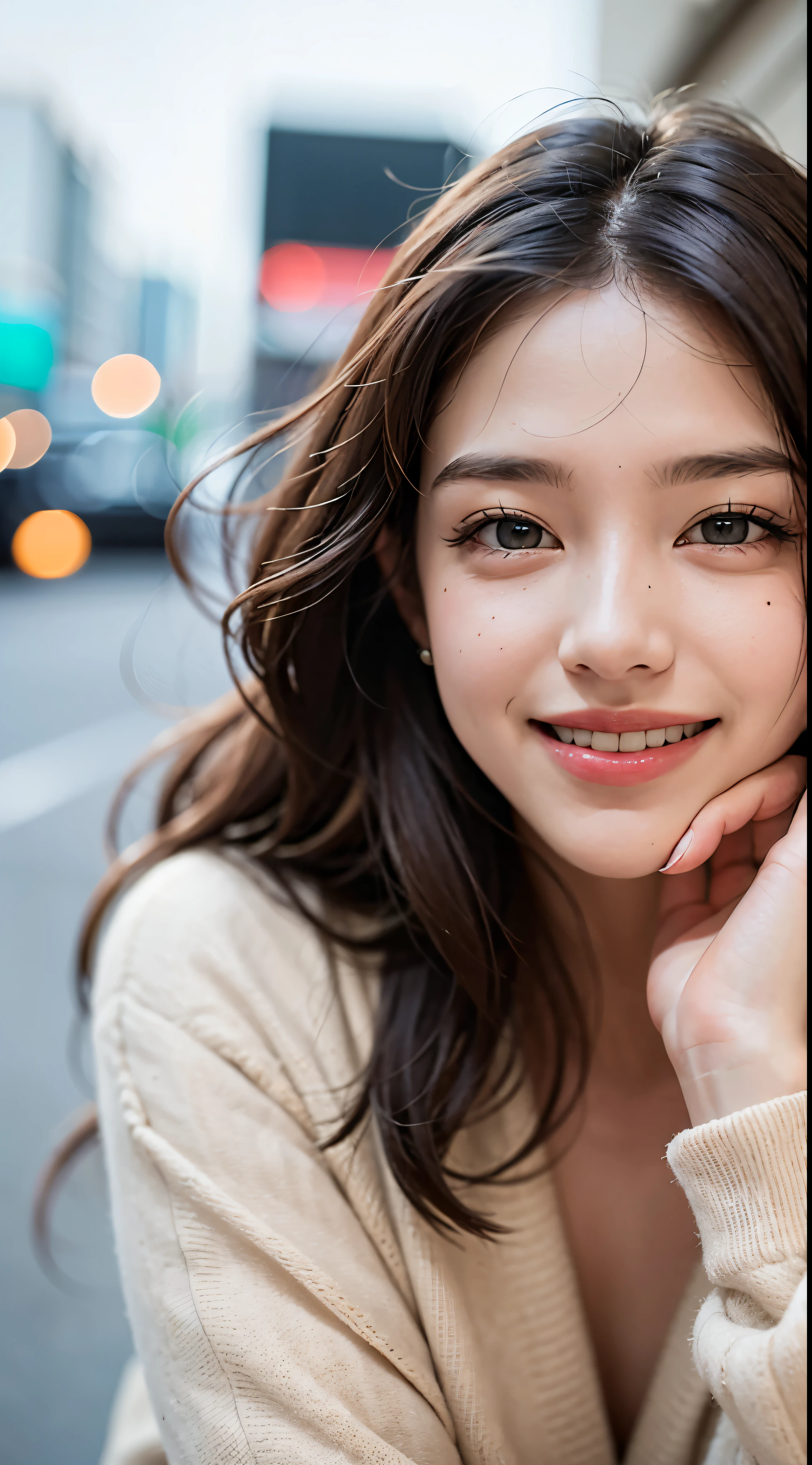 High image quality, Bright light, Excellent transparency. Modern city street environment, Background of skyscrapers and traffic jams. Girl Standing On The Sidewalk, Smile with confidence and let your eyes shine. Elegant and natural pose, Trendy streetwear and sophisticated accessories to express your personality.  and natural makeup. Single photo, Bright and soft light, Suitable for focusing to highlight girls, Slightly blurred background to add layers. The composition is clever, the girl is on one side, leave enough space in the background. Careful post-processing with bright and vivid colors.Smiling.