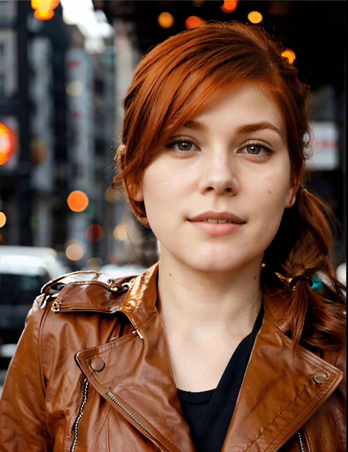 women with pale skin, wearing brown leather jacket with a dsrk orange scarf, has red hair thats tied in a pony tail, hair parted to the side, buetifull woman,