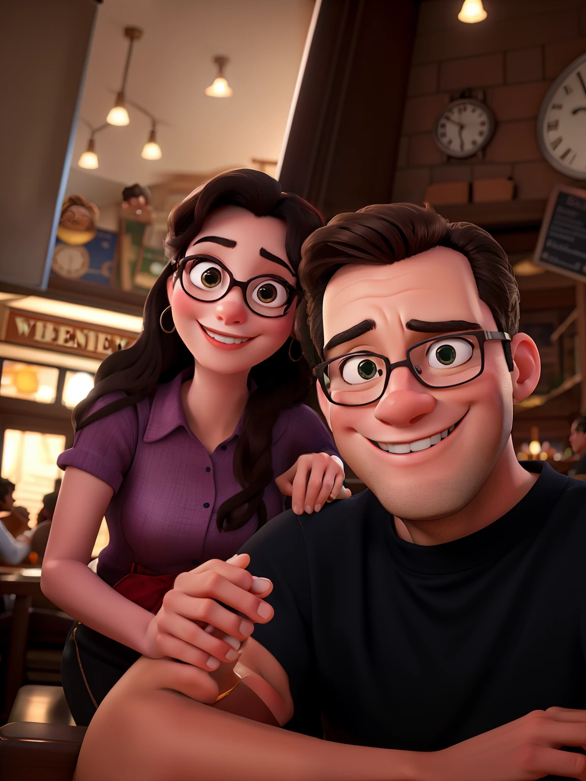 Disney Style Couple With Glasses Smiling In Restaurant.