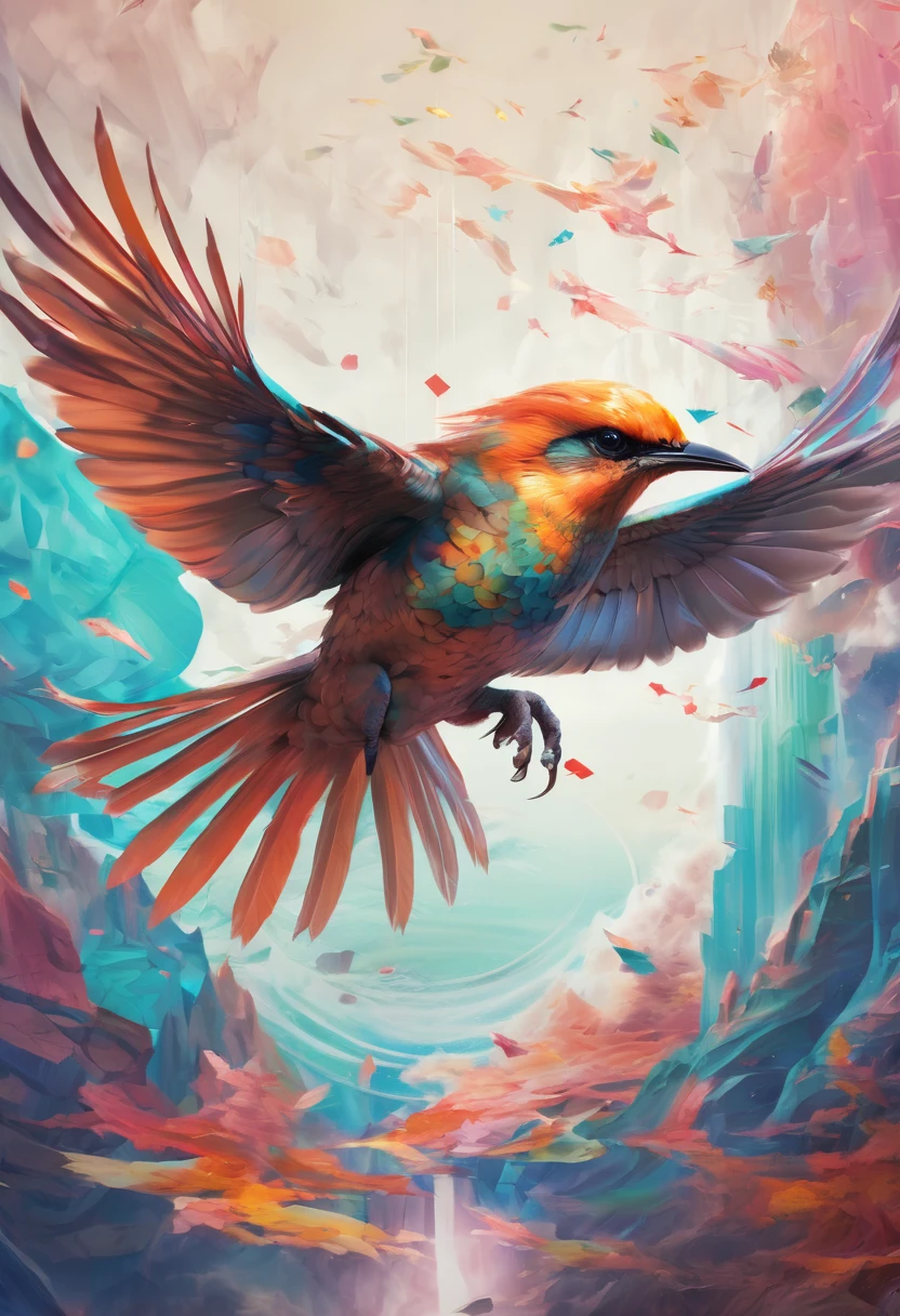 a bird in perfect geometrical harmony, intricate and hyperdetailed by Android Jones, Emily Kell, Rossdraws, Andree Wallin, Sung Choi, fluid ink and oil splash painting artistic fantasy art, album cover art, amazing depth, perfect ratio, hdr, 8k resolution, perfect balanced styles, intense light, muted colors,hyperdetailed masterwork by head of prompt engineering
