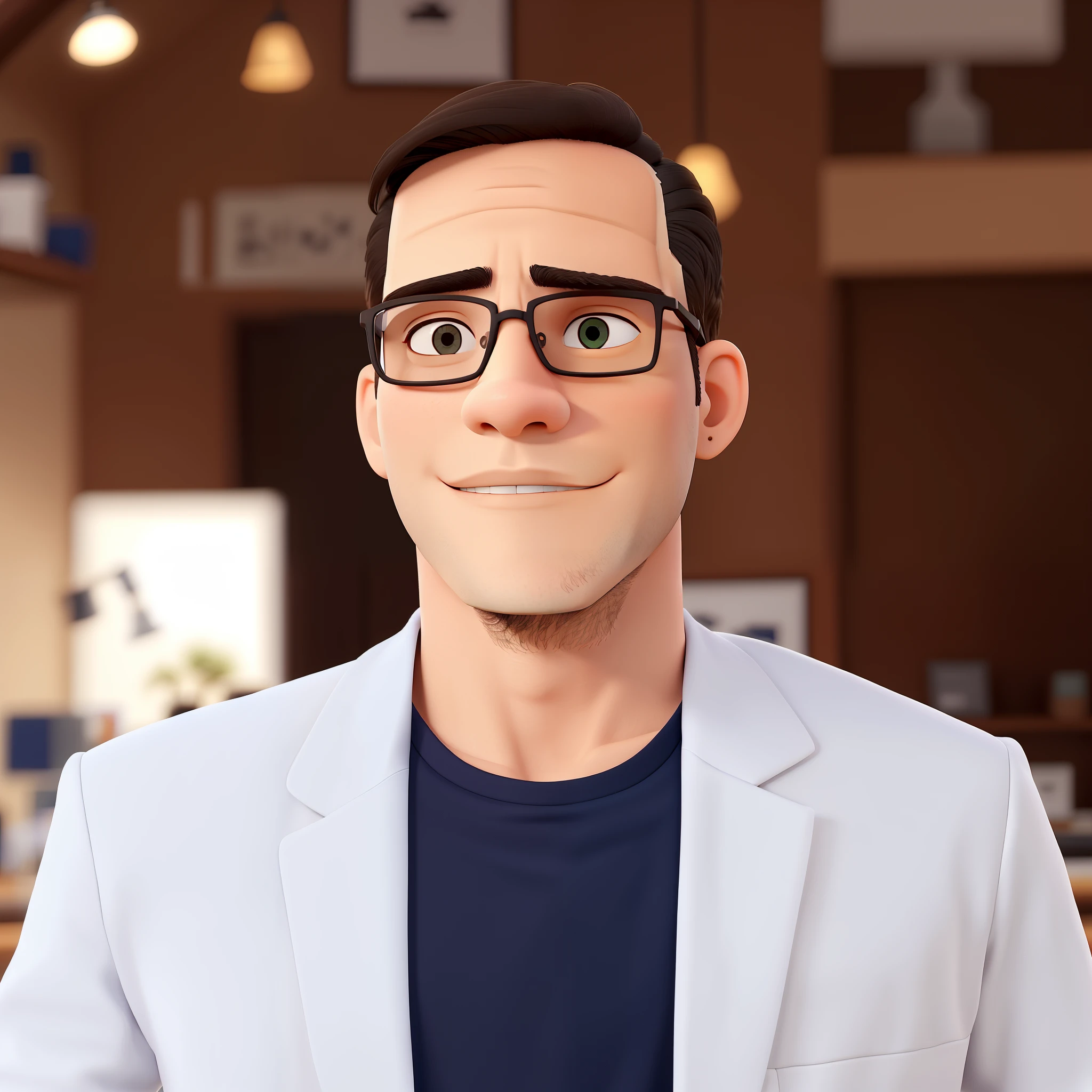 Um homem jovem, de blazer sobre camisa de malha, eyeglass, cabelos escuros e curtos, fisionomia leve, olhos castanhos escuros
