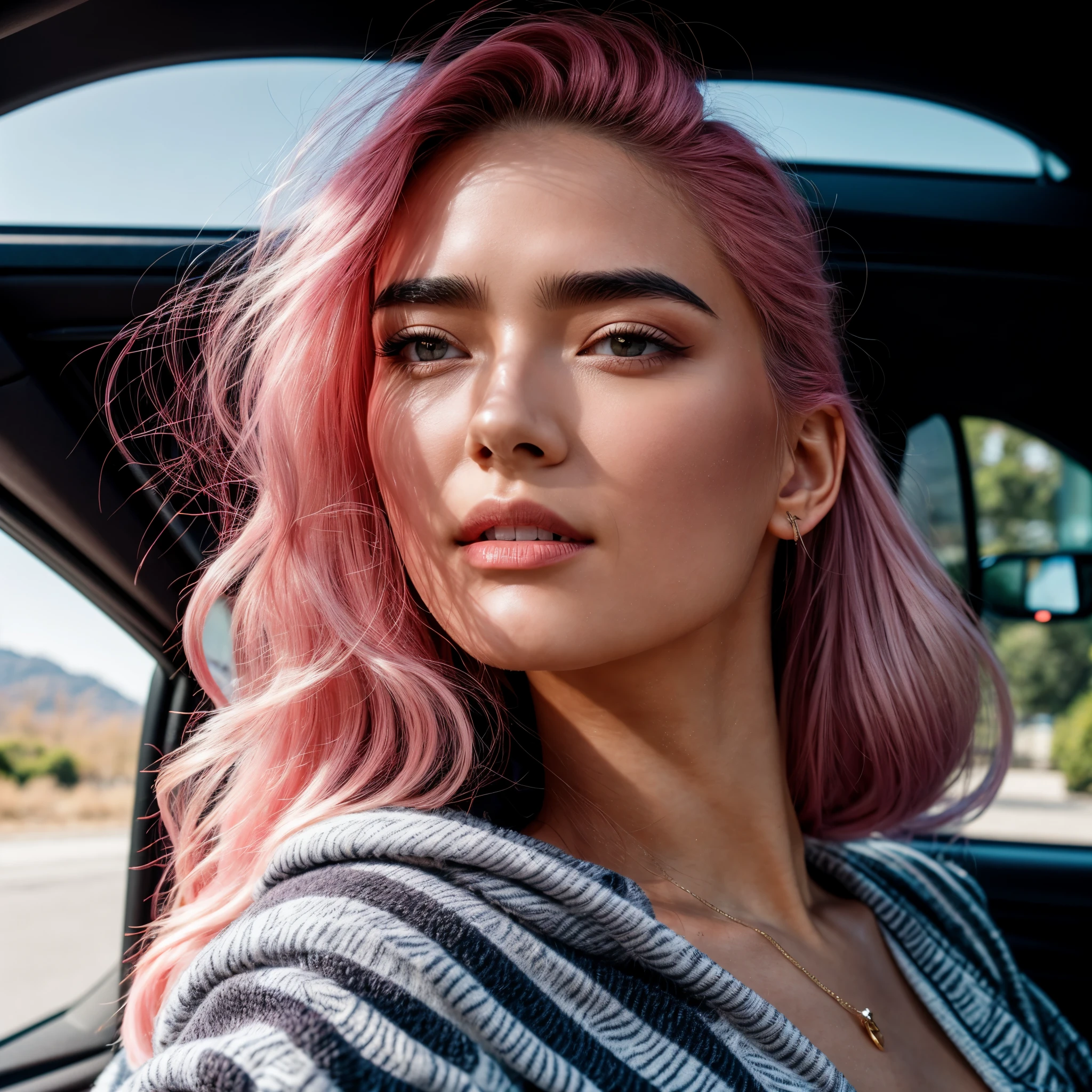 RAW photo, a 22-year-old- Girl, upper body, selfie in a Lamborghini, zebra print hoodie, (realistic) , (photo-realistic:1.5) , inside a car, driving, Whaling ship Tattoo, Beltraided half-up half-down hair) , Pink hair, Smartwatch, (RAW photo, 8k uhd, film grain) , Sharp Eyeliner, Blush Eyeshadow With Thick Eyelashes, extremely delicate and beautiful, 8k, soft lighting, high quality, highres, sharp focus, extremely detailed, during the day, (sunlight on face) , beautiful detailed eyes, extremely detailed eyes and face, masterpiece, cinematic lighting, (high detailed skin:1.2) , 8k uhd, dslr, soft lighting, high quality, film grain, Fujifilm XT3,