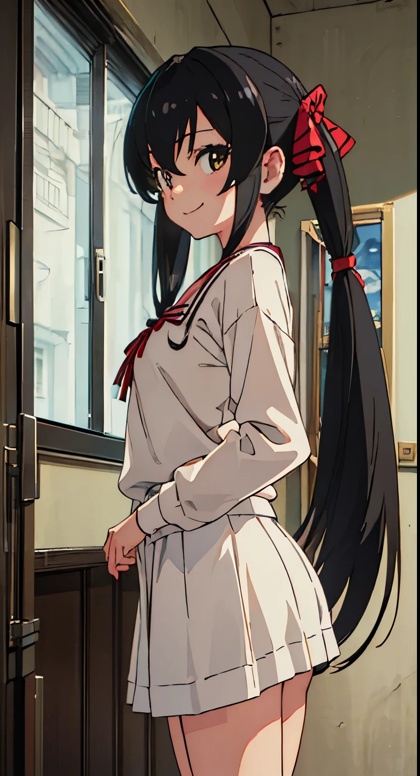((( masterpiece ))) Background : ( cheerful theme, outdoor, best quality, highly detailed ). Character ; ( 1girl, Matoba Risa, wearing oversized sweater and skirt, innocent smile,fit body, con, small breast, twintail black hair with red ribbon, looking at viewer) back view from below