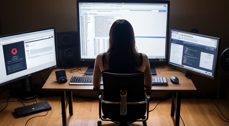 Computer table of a cyber security expert with 2 adjacent monitors, working on multiple applications, large circular table, chair with head support, typing on a backlit keyboard, podcast microphone with stand, ultra modern creative design, computer nerd, usb hub, web camera, photo taken from the back side, face not visible
