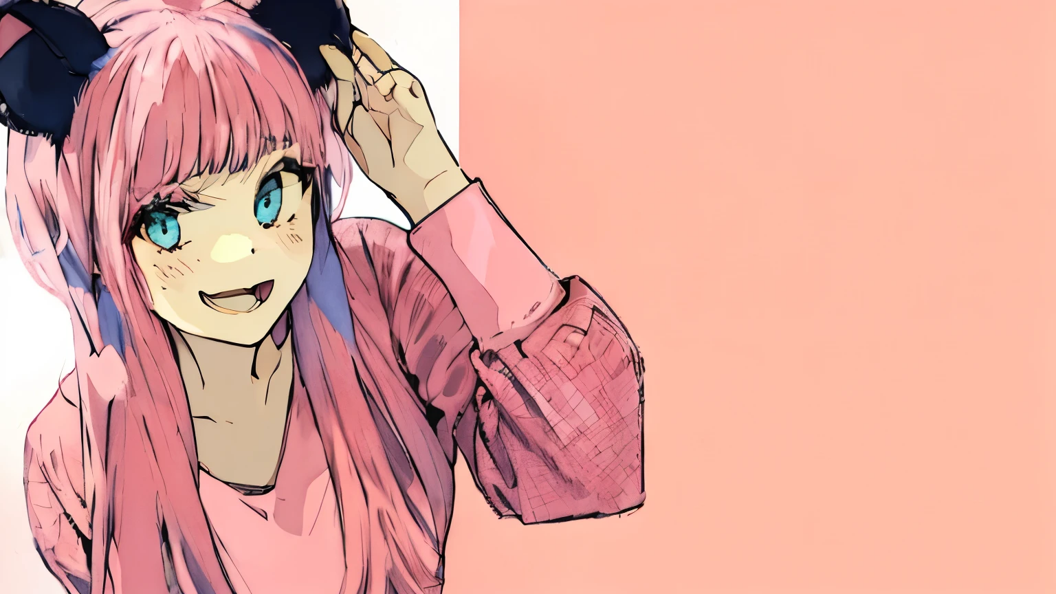 cat ear、A pink-haired、straight haired、blunt bangs、sketchbook、1girl in, Pink hair,pinkeyes,PINK SHIRT , Cast Ears