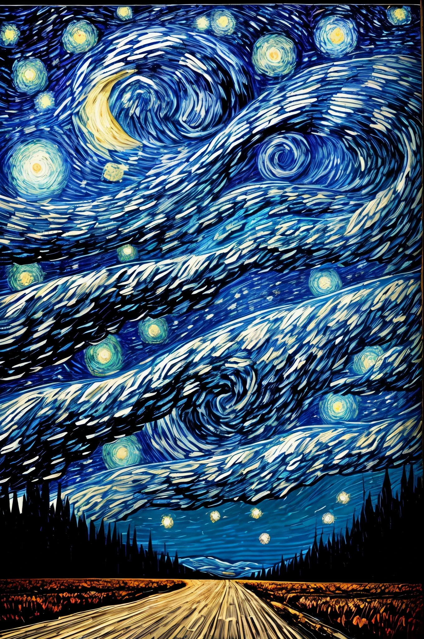 flat landscape starry night Van Gogh style view Mark Brooks and Dan Mumford, comic book art, perfect, smooth "Off-center vanishing point