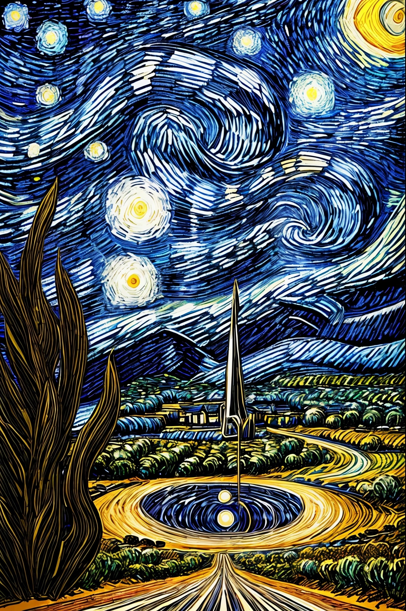 flat landscape starry night Van Gogh style view Mark Brooks and Dan Mumford, comic book art, perfect, smooth "Off-center vanishing point