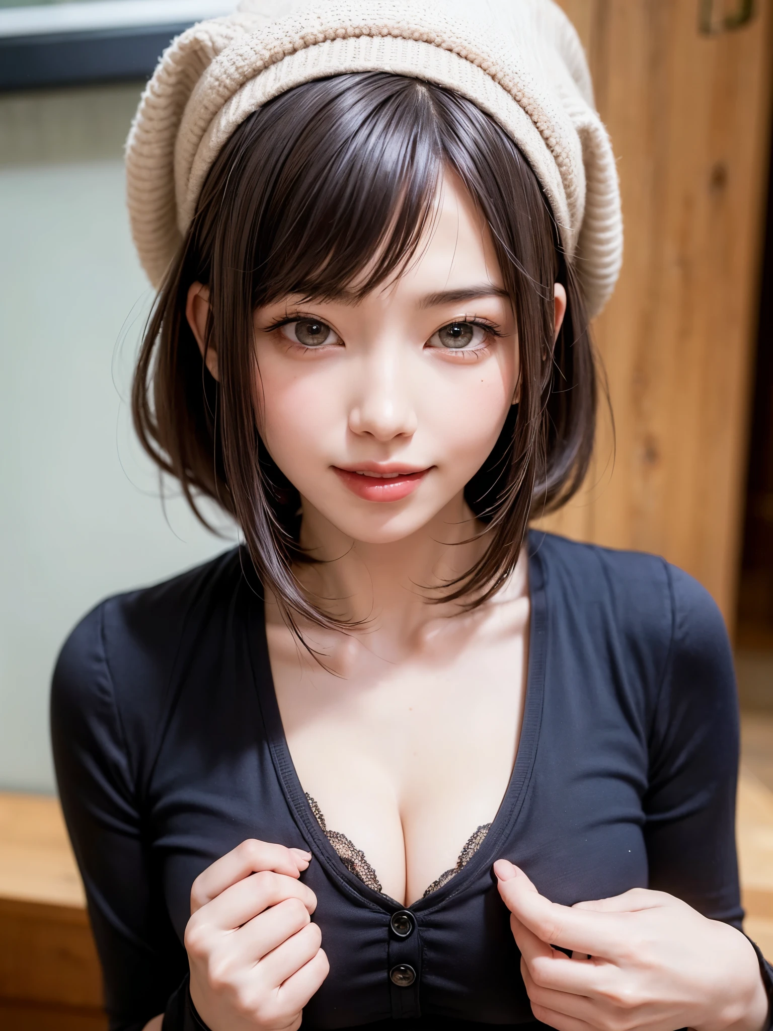 (masterpiece, top-quality),1girl in, 独奏, A dark-haired, scarf, Hats, realisitic, realisitic, looking at the viewers, black eyes of light color, Brunette Short Bob Hair, Brown coat, Winter clothes, White headscarf, s lips, bangss, plein air, a closed mouth, The upper part of the body、big eye、Beautiful view of Lassi with sparkling snow))、(((bangssのある短いボブヘア、Lustrous hair、big eye、large full breasts、Intense highlighting of the eyes、gazing at viewer、Beautiful beauty、Put your ears out、long neck、little smiling、Close your mouth and smile、Ideal ratio body proportions)))、{Gigantic|Big|Huge|Mega} breasts, cleavage