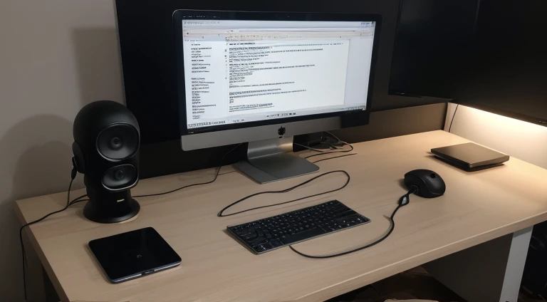 Computer table of a cyber security expert with 2 adjacent monitors, working on multiple applications, large circular table, chair with head support, typing on a backlit keyboard, podcast microphone with stand, ultra modern creative design, computer nerd, usb hub, web camera, photo taken from the back side, face not visible