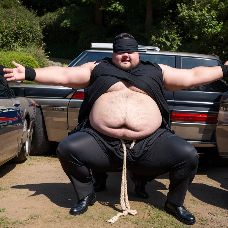 fat police officer, Man's, Weight is over 100kg, Has a kind face, blindfolded and covering eyes, his jacket is open, Tied with a rope, interested in sexual desire, I'm excited, Wearing a loincloth.;Fat, upper body visible, pot belly, fat