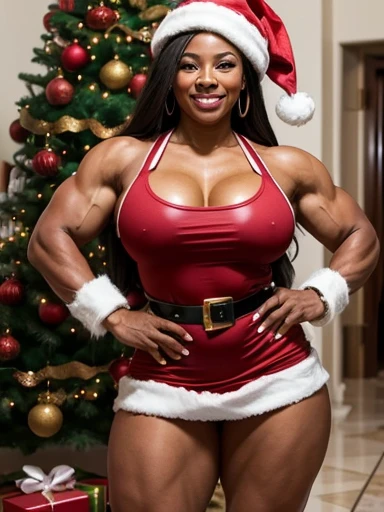 black woman, bodybuilder, huge muscles, huge thighs, wearing santa hat and santa dress, standing next to christmas tree in the. hall way in a mansion