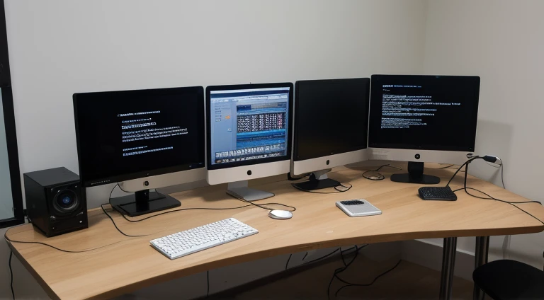 Computer table of a cyber security expert with 2 adjacent monitors, working on multiple applications, large circular table, chair with head support, typing on a backlit keyboard, podcast microphone with stand, ultra modern creative design, computer nerd, usb hub, web camera, photo taken from the back side, face not visible