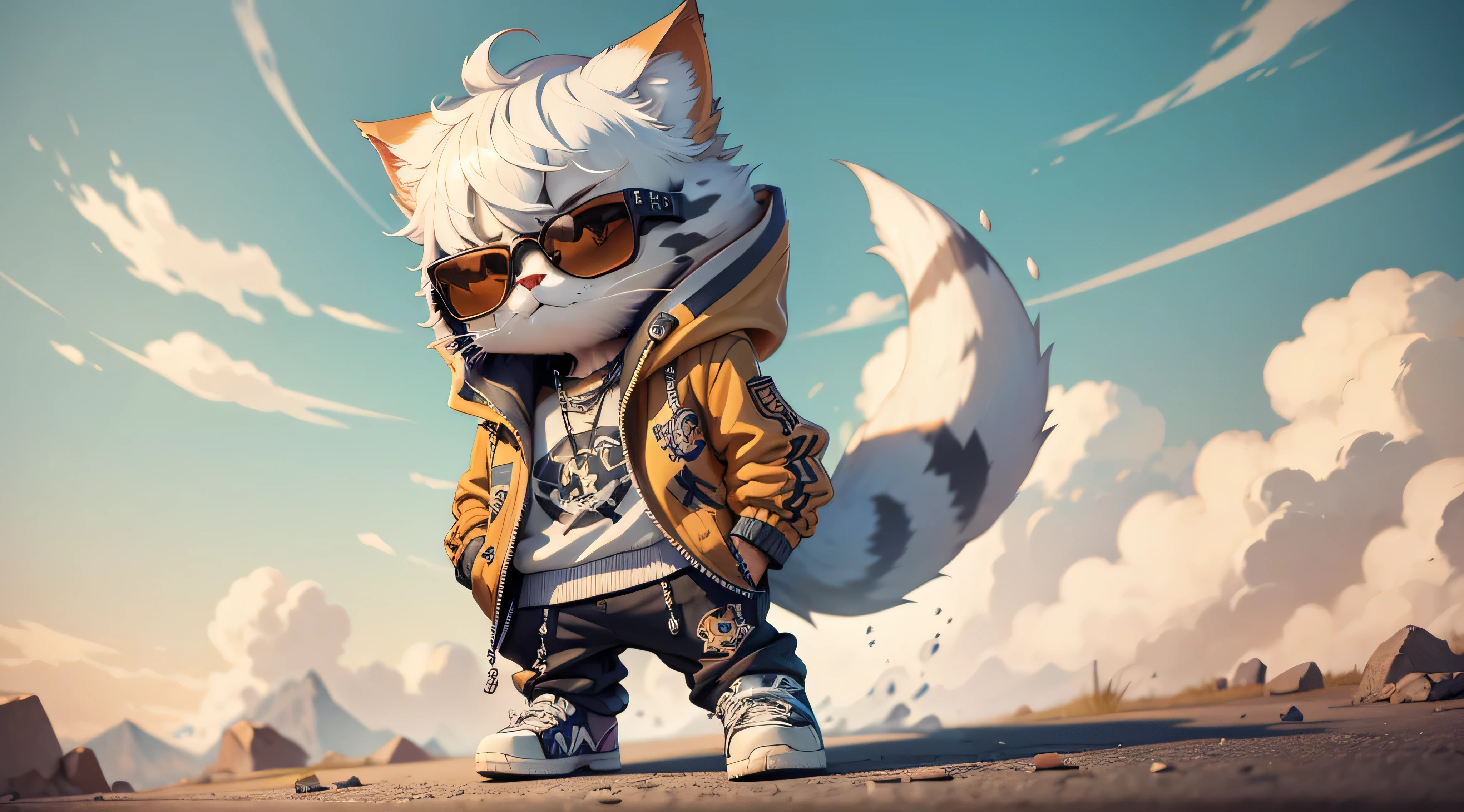 c4tt4stic, Gato branco Kizitora de desenho animado em jaqueta e skate, sun glasses