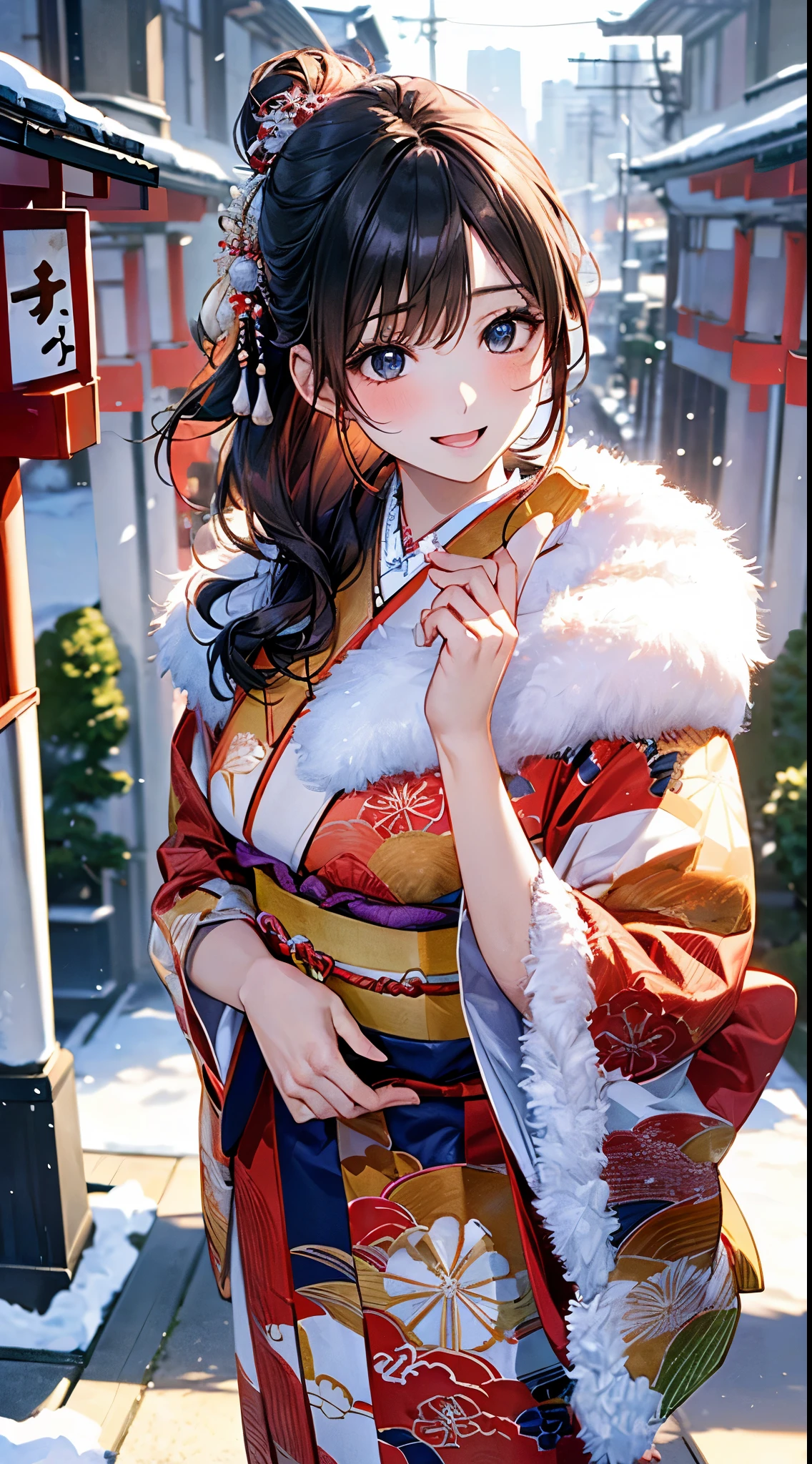 ((perfect anatomy, anatomically correct, super detailed skin)),
1 girl, japanese, high school girl, shiny skin, large breasts:0.5, looking up, watching the view,
beautiful hair, beautiful face, beautiful detailed eyes, (middle hair:1.5, japanese hair:1.5), black hair, blue eyes, babyface, mole under eye,
(((traditional japanese clothing:1.2, fur muffler), hair ornament)),
((smile:1.5, open your mouth wide)), walking, holding a phone, Holding a handbag,
(beautiful scenery), winter, dawn, (new year's day, first visit), hokkaido, sapporo, outside hokkaido shrine, crowd, snow, snowfall:1.5, freezing weather, frost,
(8k, top-quality, masterpiece:1.2, extremely detailed), (photorealistic), beautiful art, visual art, depth of fields, natural lighting,