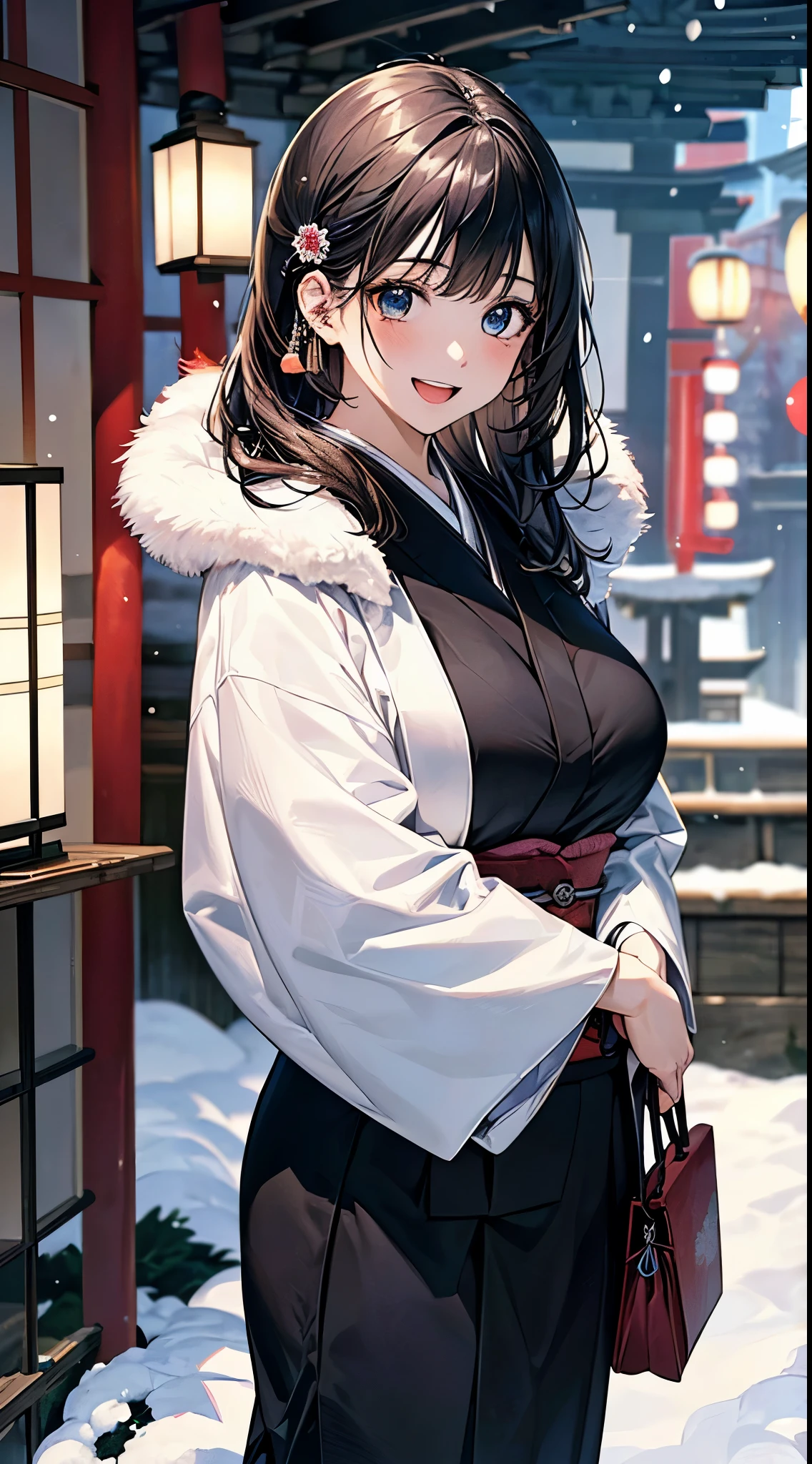 ((perfect anatomy, anatomically correct, super detailed skin)), 
1 girl, japanese, high school girl, shiny skin, large breasts:0.5, looking up, watching the view, 
beautiful hair, beautiful face, beautiful detailed eyes, (middle hair:1.5, japanese hair:1.5), black hair, blue eyes, babyface, mole under eye, 
(((traditional japanese clothing:1.2, fur muffler), hair ornament)), 
((smile:1.5, open your mouth wide)), walking, holding a phone, Holding a handbag, 
(beautiful scenery), winter, dawn, (new year's day, first visit), hokkaido, sapporo, outside hokkaido shrine, crowd, snow, snowfall:1.5, freezing weather, frost, 
(8k, top-quality, masterpiece​:1.2, extremely detailed), (photorealistic), beautiful art, visual art, depth of fields, natural lighting,