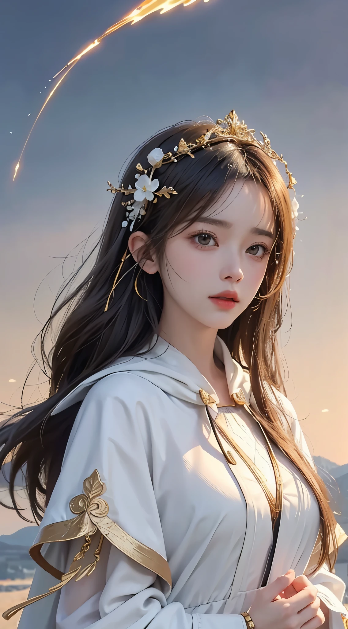 (​masterpiece、top-quality、top-quality、Official art、Beautifully Aesthetic:1.2)、(1girl in)、ighly detailed、(Fractal Art:1.3)、colourfull、highestdetailed、face perfect、The upper part of the body、large boob、nffsw、(doa:1.3)、(White cloak golden lines:1.2)、intergalactic、(light streaks)、striking visuals、(Dynamic right-handed trajectory:1.2)、vivd colour、