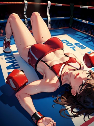 Short cropped brown hair,Female boxer,((Red Boxing Glovelack Sports Bra)),well-muscled,abdominals,Large woman,((Lying on your back)),Sweat and saliva all over the body,Large down,steam,downtime,knockout,((One lady)),Boxing matches,Close both eyes,I'm opening my mouth,M-shaped legs,Above the boxing ring
