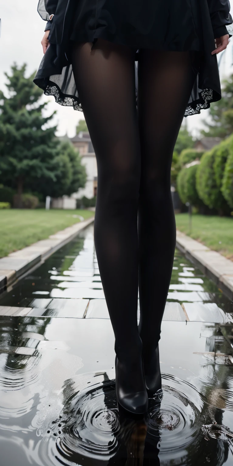 There is a woman wearing a black dress and high heels standing in a puddle, tightsuit, tightsuit, tightsuit; Have on the street, lacepantyhose tightsuit, close-up on legs, 穿着黑色tightsuit服, The delicate legs are looming on your body, nylon tightsuit, wearing in stocking, lacepantyhose, lady in black coat and lacepantyhose, soon after rain, Thin leg, upper legs
