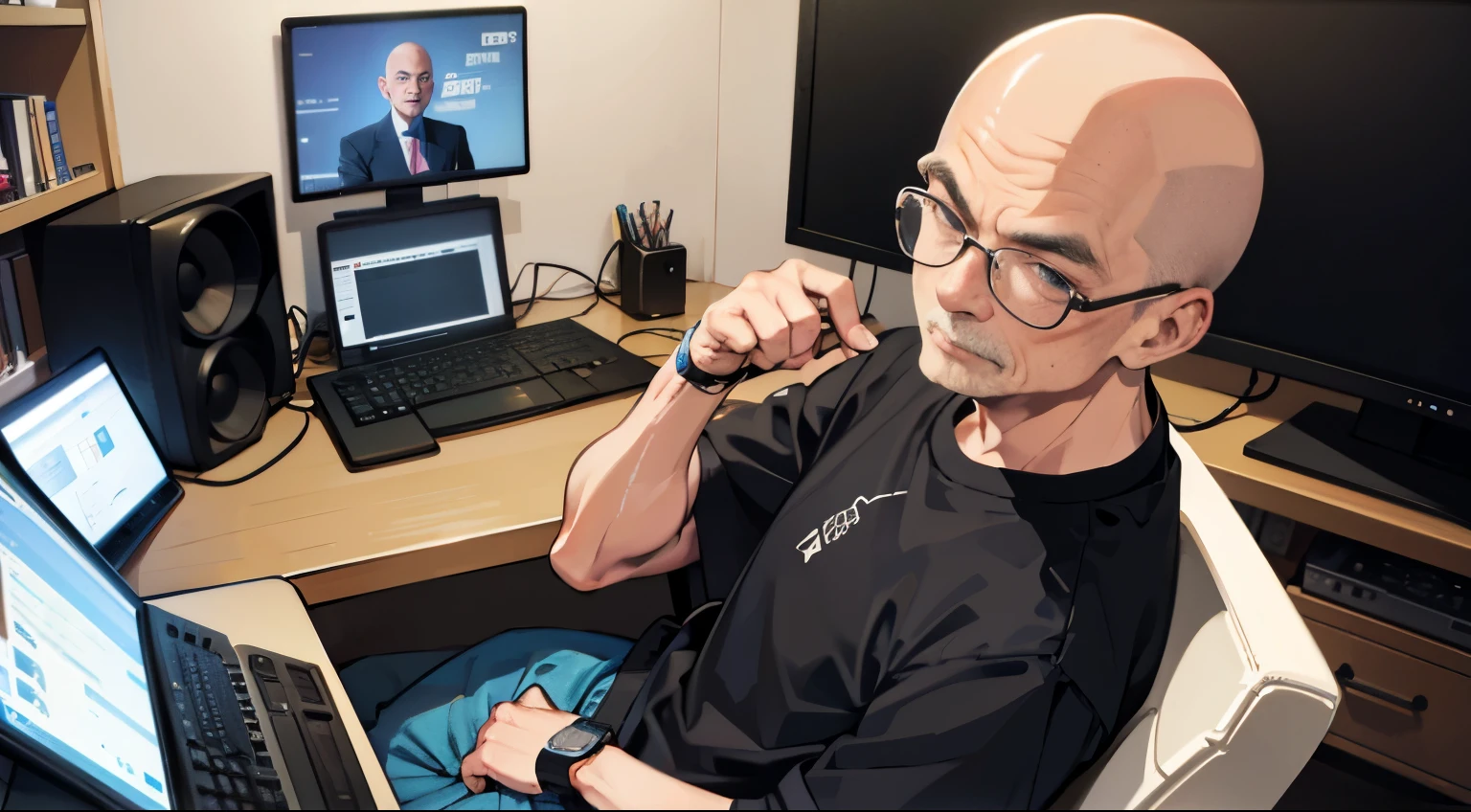 An old man in his fifties with a shaved head is sitting in front of a computer at home., Enjoy live streaming.、Watch the video、Touch your smartphone too
