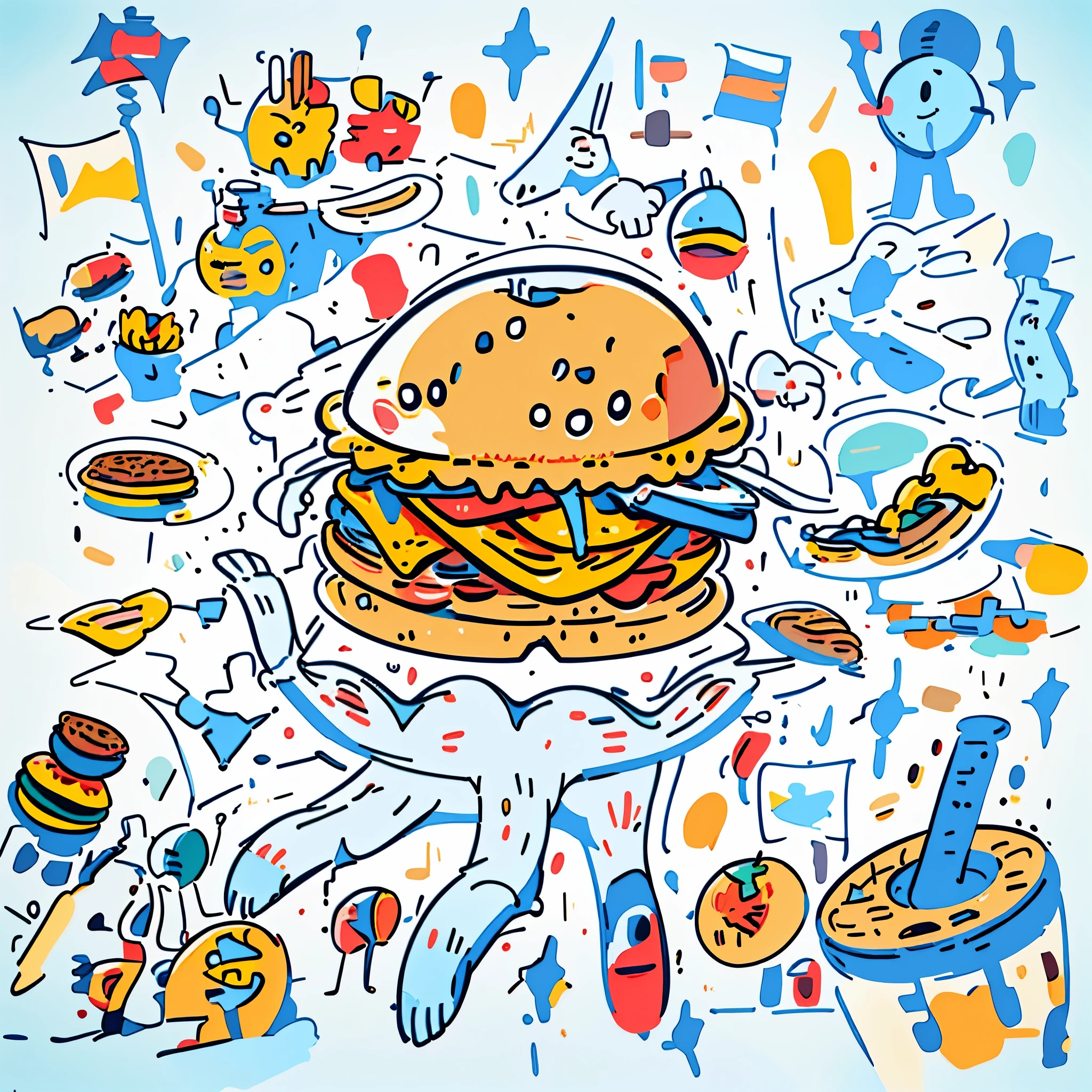 There is a burger in the middle,One hand each on top and bottom,Vector style, beautiful color, ,Vector graphics, Flat, 2d, in the style of Studio Ghibli, thickline,stunning detailed,Illustration style,a warm color palette,4k画质,Non-human