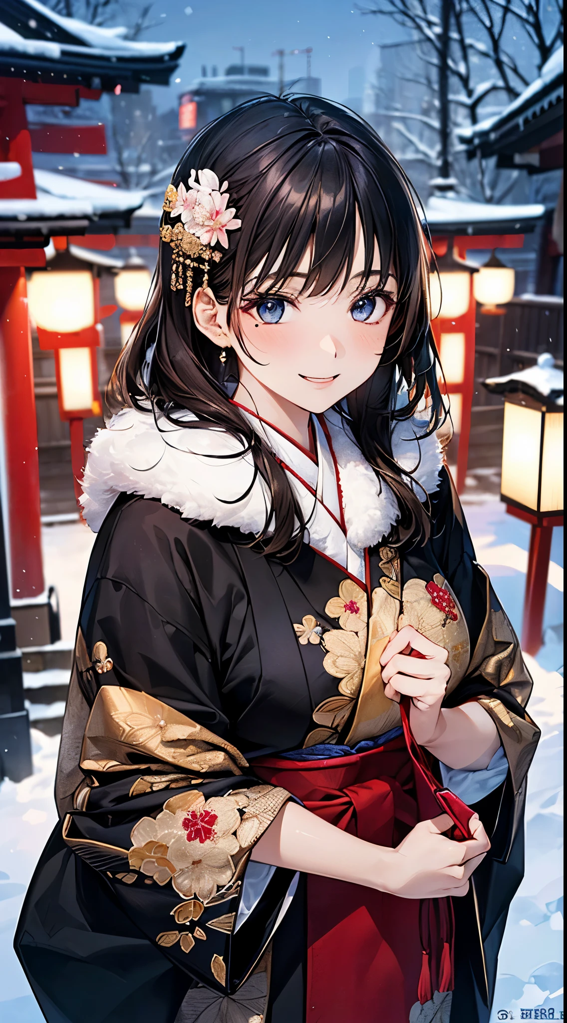 ((perfect anatomy, anatomically correct, super detailed skin)),
1 girl, japanese, high school girl, shiny skin, large breasts:0.5, looking up, watching the view,
beautiful hair, beautiful face, beautiful detailed eyes, (middle hair:1.5, japanese hair:1.5), black hair, blue eyes, babyface, mole under eye,
(((traditional japanese clothing:1.2, with an intricate flower pattern:1.3, with gold embroidery:1.4, red fabric:1.3, fur muffler), hair ornament)),
((smile:1.5, open your mouth wide)), walking, holding a phone, Holding a handbag,
(beautiful scenery), winter, dawn, (new year's day, first visit), hokkaido, sapporo, outside hokkaido shrine, crowd, snow, snowfall:1.5, freezing weather, frost,
(8k, top-quality, masterpiece:1.2, extremely detailed), (photorealistic), beautiful art, visual art, depth of fields, natural lighting,