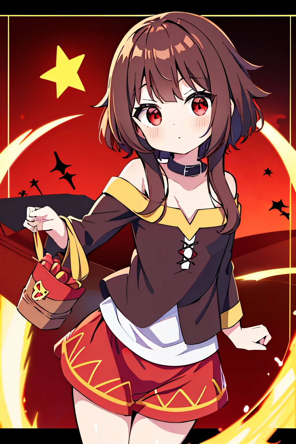 (master part), (best quality), (Super Detalhe), Arte Oficial, Uma menina (Megumin), red eyes, Loli Pale Brown Hair, cabelo curto, vestir, Mangas, seios pequenos, clivagem, foco na coxa, Card illustration, vento