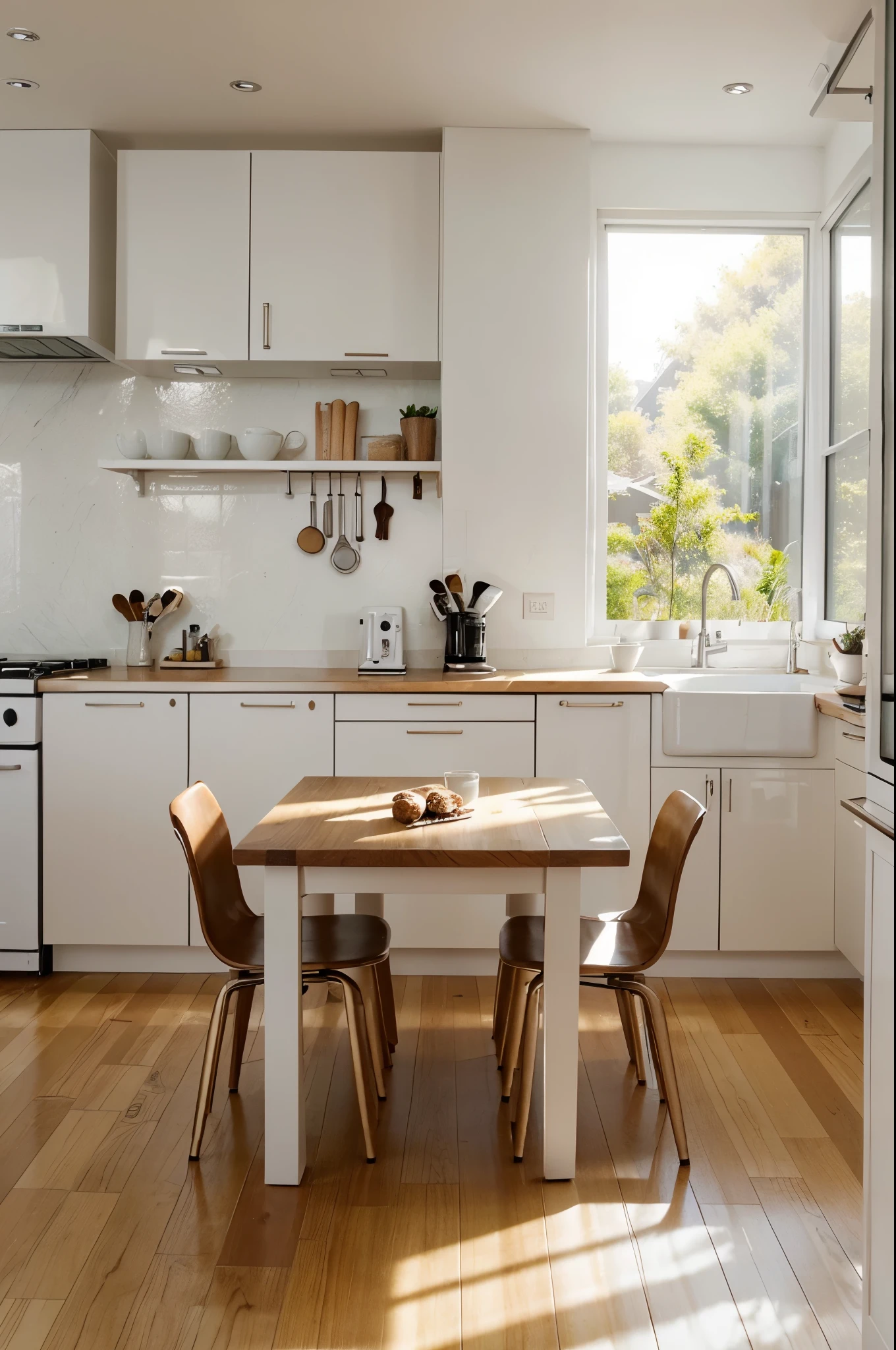 I want the coffee beans to be scattered on the kitchen table and the kitchen should be in white color and the table should also be in white color and the sunlight should come from the window.