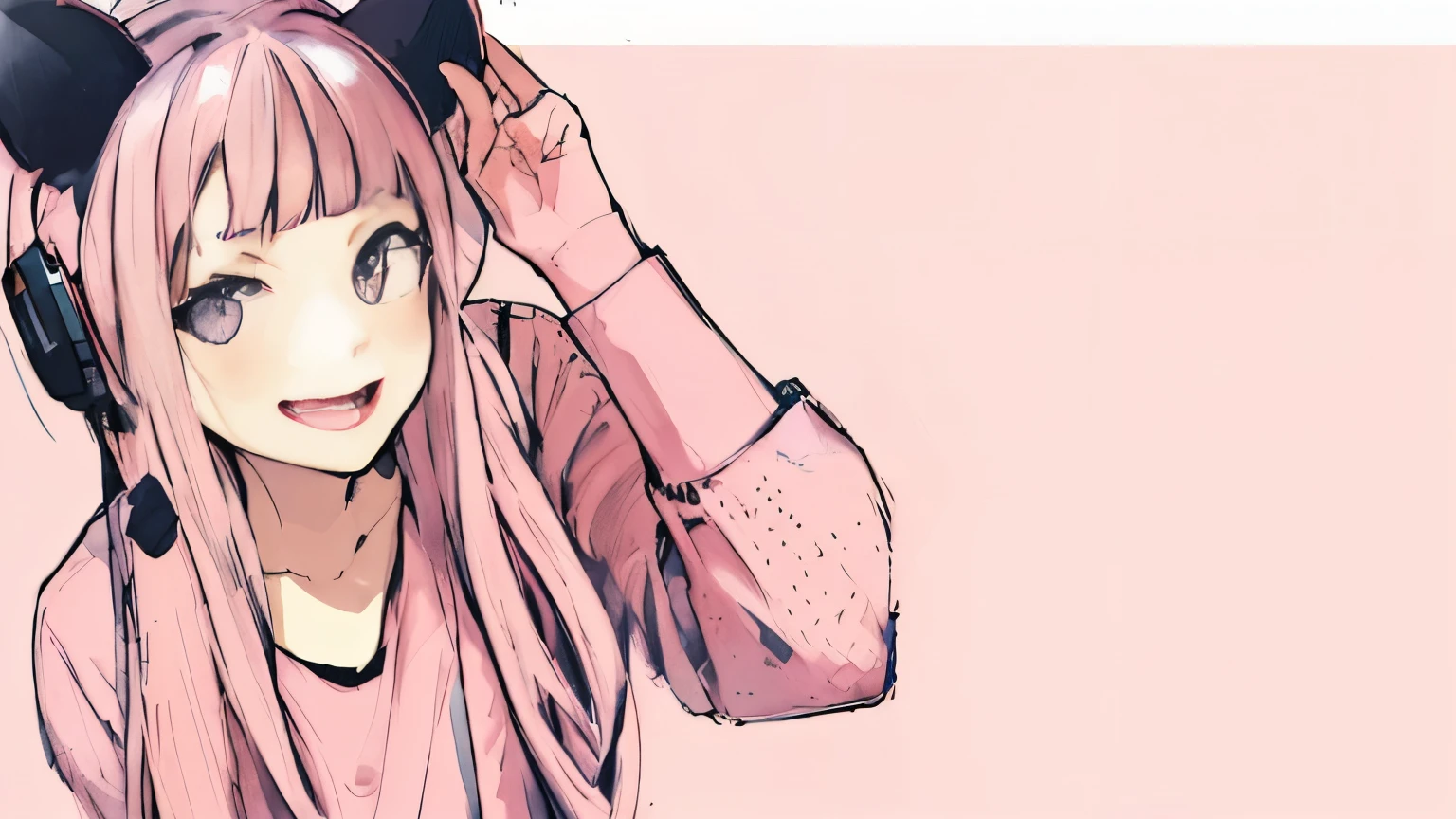 Cat's ears、A pink-haired、straight haired、Blunt bangs、sketchbook、1girl in, Pink hair,pinkeyes,PINK SHIRT , Cast Ears、white backgrounid