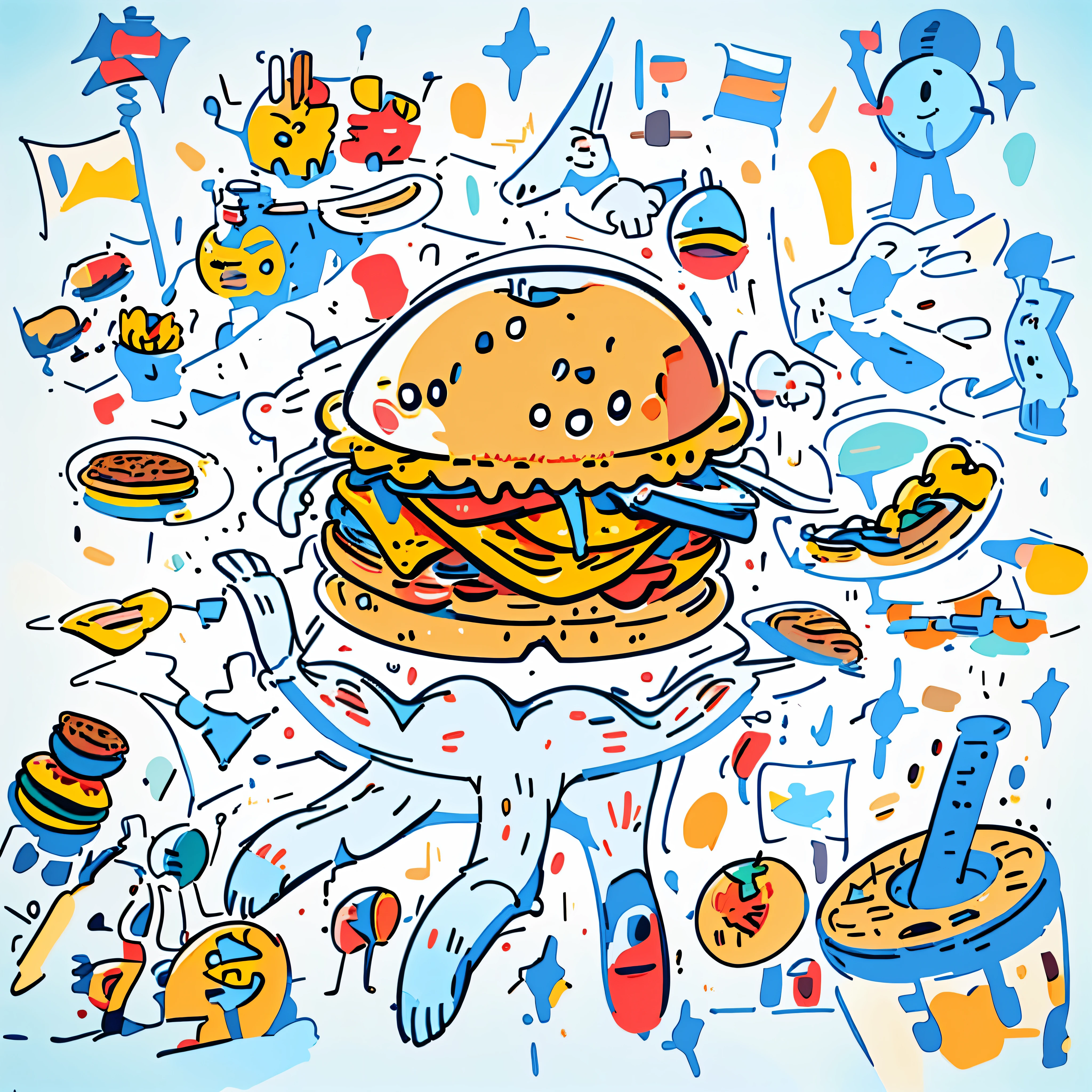 There is a burger in the middle,Upp、One hand on each side,Vector style, Beautiful colors, ,Vector graphics, Flat, 2d, in the style of Studio Ghibli, thickline,Stunningly detailed,Illustration style,Warm color palette,4k画质,Non-human