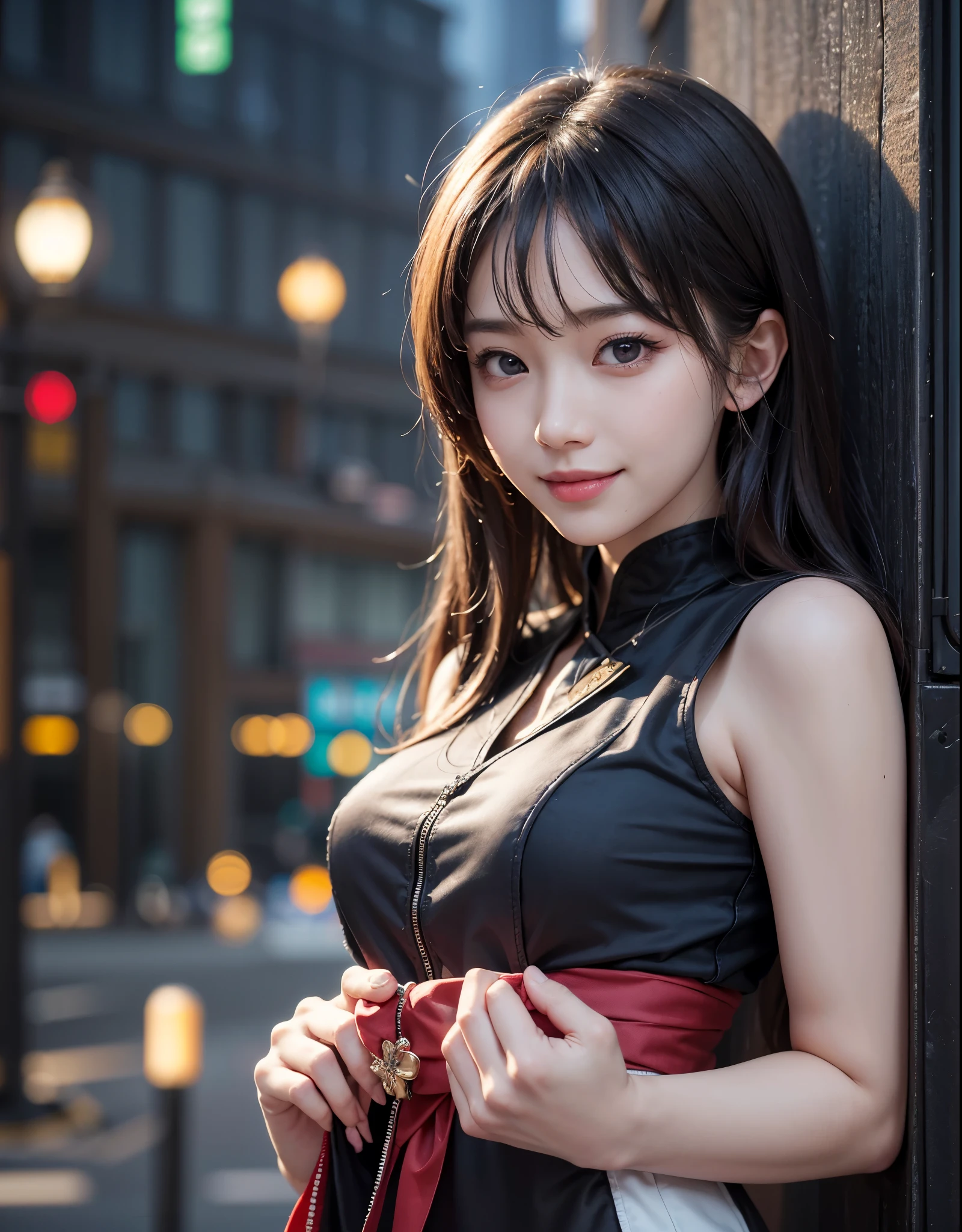 masterpiece, 1 beautiful girls, detaileds, Swollen eyes, top-quality, 超hight resolution, (现实: 1.4), OriginalPhoto, 1Girl, 电影灯光, a smile, japanes, a asian beauty, Korean, clean, ultra beautiful, little young face, Beautiful skins, A slender, cyberpunk backgrouns, (A hyper-realistic), (hight resolution), (8K), (非常にdetaileds), (The best illustrations), (美しくdetailedsな目), (超detaileds), (wall-paper), (detaileds顔), How viewers look, 細かいdetaileds, detailedsな顔、pureerosfaceace_v1、a smile、46-point diagonal bangs、Facing straight ahead、Neat Clothing、dark colored eyes、sleeveless clothes、Front-facing body、((Smiling))、