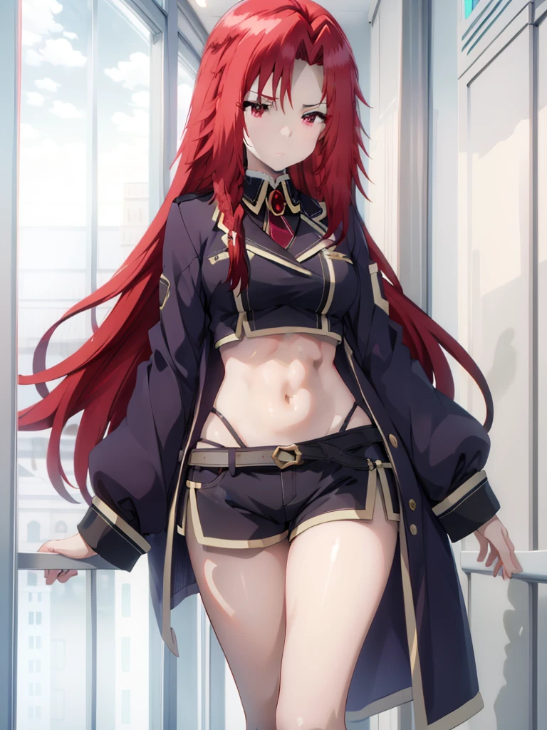 1girl, Iris Midgar, crop top, shorts, high leg panties, masterpiece, best quality, highly detailed, red eyes, red hair