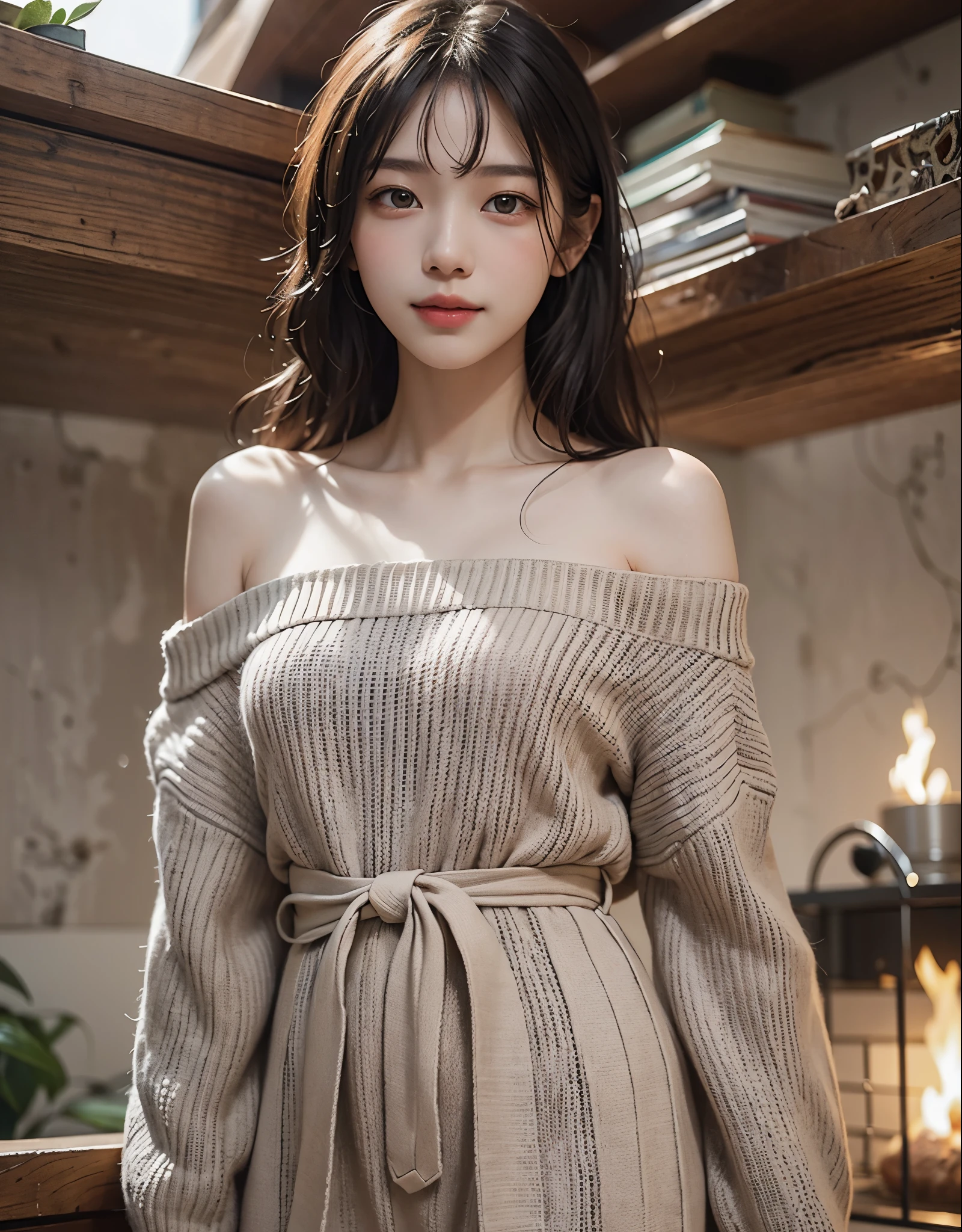 masterpiece, 1 beautiful girls, detaileds, Swollen eyes, top-quality, 超hight resolution, (现实: 1.4), OriginalPhoto, 1Girl, 电影灯光, a smile, japanes, a asian beauty, Korean, clean, ultra beautiful, little young face, Beautiful skins, A slender, Warm room with fireplace、 (A hyper-realistic), (hight resolution), (8K), (非常にdetaileds), (The best illustrations), (美しくdetailedsな目), (超detaileds), (wall-paper), (detaileds顔), How viewers look, 細かいdetaileds, detailedsな顔、pureerosfaceace_v1、a smile、46-point diagonal bangs、Facing straight ahead、Neat Clothing、dark colored eyes、((Off-the-shoulder sweater dresses))、Front-facing body、I'm relaxing slowly、