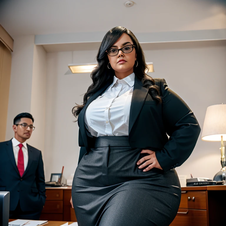 Full body picture of a Business woman, Female boss, very chubby. strict, formal clothes, high-neck blouse, pencil skirt,hands on her wide hips. very voluptuous, strict glasses. Menacing, dominating posture and expression.standing in front of her desk in the office, threatening.