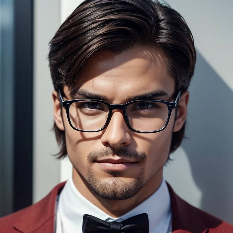 Generate an image of a male character embodying a tech-savvy persona, wearing modern rectangular glasses that enhance his intellectual appeal. Ensure a polished appearance with a subtle touch of sophistication, reflecting the ideal avatar for a knowledgeable narrator in AI-related YouTube content.