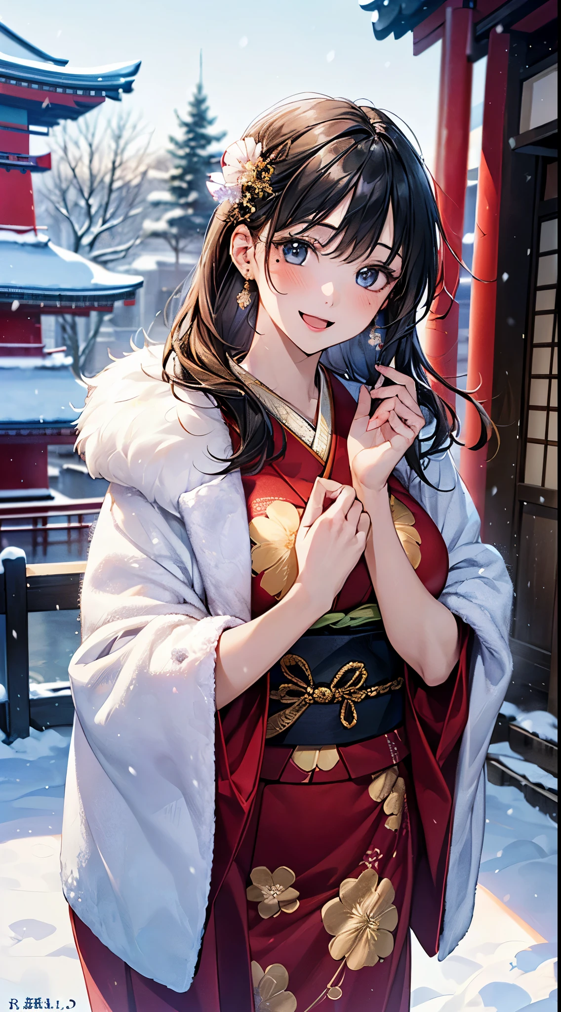 ((perfect anatomy, anatomically correct, super detailed skin)), 
1 girl, japanese, 16 years old, shiny skin, large breasts:0.5, looking up, watching the view, 
beautiful hair, beautiful face, beautiful detailed eyes, (middle hair:1.5, half undo:1.5), blown hair, blue eyes, babyface, mole under eye, 
(((traditional japanese clothing:1.2, with an intricate flower pattern:1.3, with gold embroidery:1.4, red fabric:1.3, fur muffler, luxurious hair ornament))), 
((smile:1.5, open your mouth wide)), walking, holding a phone, holding a handbag, 
(beautiful scenery), winter, dawn, (new year's day, first visit), hokkaido, sapporo, outside hokkaido shrine, crowd, snow, snowfall:1.5, freezing weather, frost, 
(8k, top-quality, masterpiece​:1.2, extremely detailed), (photorealistic:1.2), beautiful art, visual art, depth of fields, natural lighting,