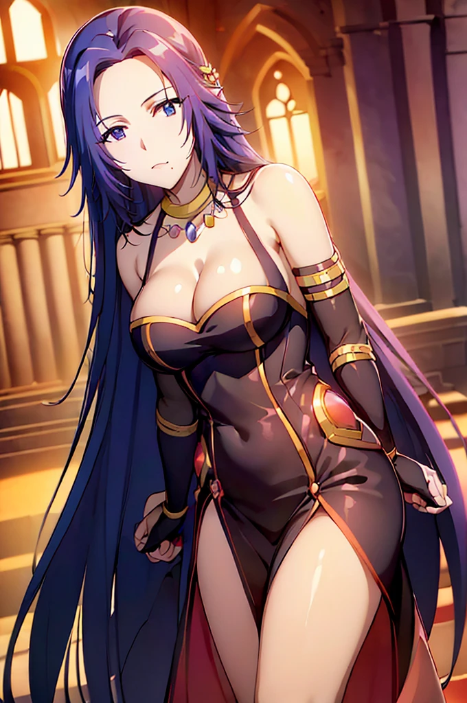 (sunset:1.7), in front of a red carpet in a church with a red carpet on the floor, Standing at attention, black long dress,bridal gauntlets,jewelry,bare shoulders, cleavage, detached sleeves,elbow gloves,collarbone, pointy ears,necklace,Gem, Dark Blue hair,Dark Blue Eyes, Bangs, 1 girl, 20yo,Young female,Beautiful Finger,Beautiful long legs,Beautiful body,Beautiful Nose,Beautiful character design, perfect eyes, perfect face,expressive eyes, looking at viewer, in the center of the image,(Upper_body),(Focus on her face), official art,extremely detailed CG unity 8k wallpaper, perfect lighting,Colorful, Bright_Front_face_Lighting,shiny skin, (masterpiece:1.0),(best_quality:1.0), ultra high res,4K,ultra-detailed, photography, 8K, HDR, highres, absurdres:1.2, Kodak portra 400, film grain, blurry background, bokeh:1.2, lens flare, (vibrant_color:1.2) (Beautiful,large_Breasts:1.4), (beautiful_face:1.5),(narrow_waist),