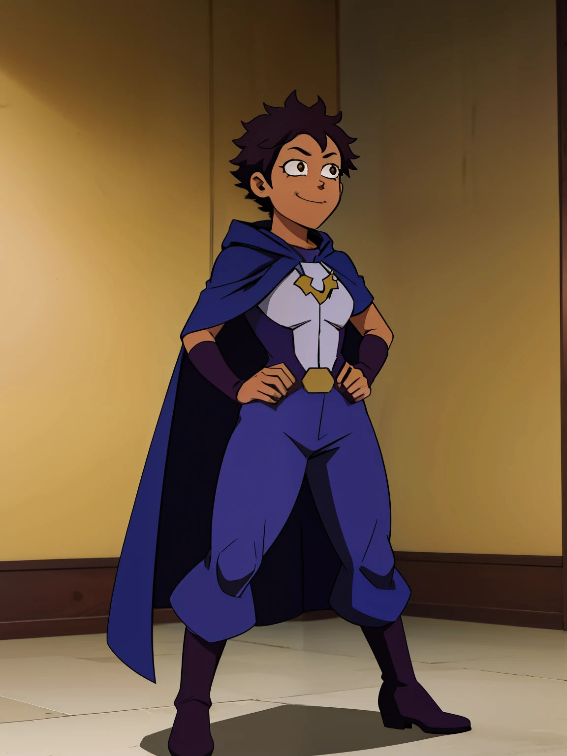 (((My Hero Academia Style))), 1girl, female, young girl, dark skin, dark complexion, slender complexion, dark brown hair, Pixie cut hairstyle, long sidebangs, dark brown eyes, long eyelashes, smug, mischievous smile, Small Breast, Wide hips, wide thighs, abs, hero costume, full body hero costume, tight hero costume, tight full body costume, tight suit, blue hero costume with orchid lines and berry details , brown low-heeled booties, brown elbow gloves with studded knuckles, blue cape, hooded cape, blue hooded cape with mulberry interior, hood with mulberry interior, blue hooded cape with mulberry interior, blue pants dark, baggy pants, dark blue baggy pants, brown belts, hip belts, multiple belts, (Full Body Photo:1.5), Perfect anatomy, perfect hands, super detailed, standing, standing pose, standing pose , cowboy shooting pose,