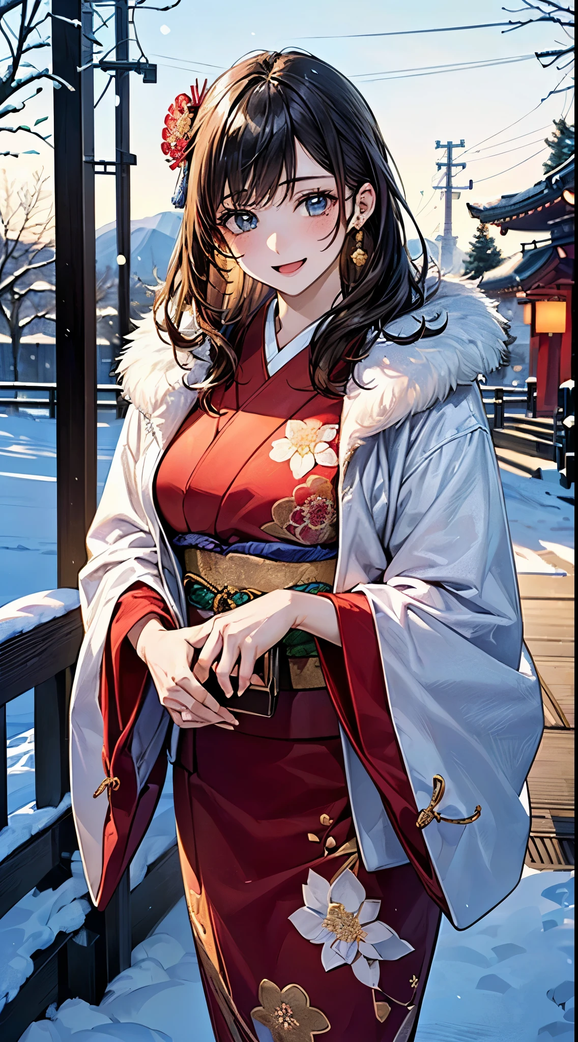 ((perfect anatomy, anatomically correct, super detailed skin)), 
1 girl, japanese, 16 years old, shiny skin, large breasts:0.5, looking up, watching the view, 
beautiful hair, beautiful face, beautiful detailed eyes, (middle hair:1.5, half undo:1.5), blown hair, blue eyes, babyface, mole under eye, 
(((traditional japanese clothing:1.2, with an intricate flower pattern:1.3, with gold embroidery:1.4, red fabric:1.3, fur muffler, luxurious hair ornament))), 
((smile:1.5, open your mouth wide)), walking, holding a phone, holding a handbag, 
(beautiful scenery), winter, dawn, (new year's day, first visit), hokkaido, sapporo, outside hokkaido shrine, crowd, snow, snowfall:1.5, freezing weather, frost, 
(8k, top-quality, masterpiece​:1.2, extremely detailed), (photorealistic:1.2), beautiful art, visual art, depth of fields, natural lighting,