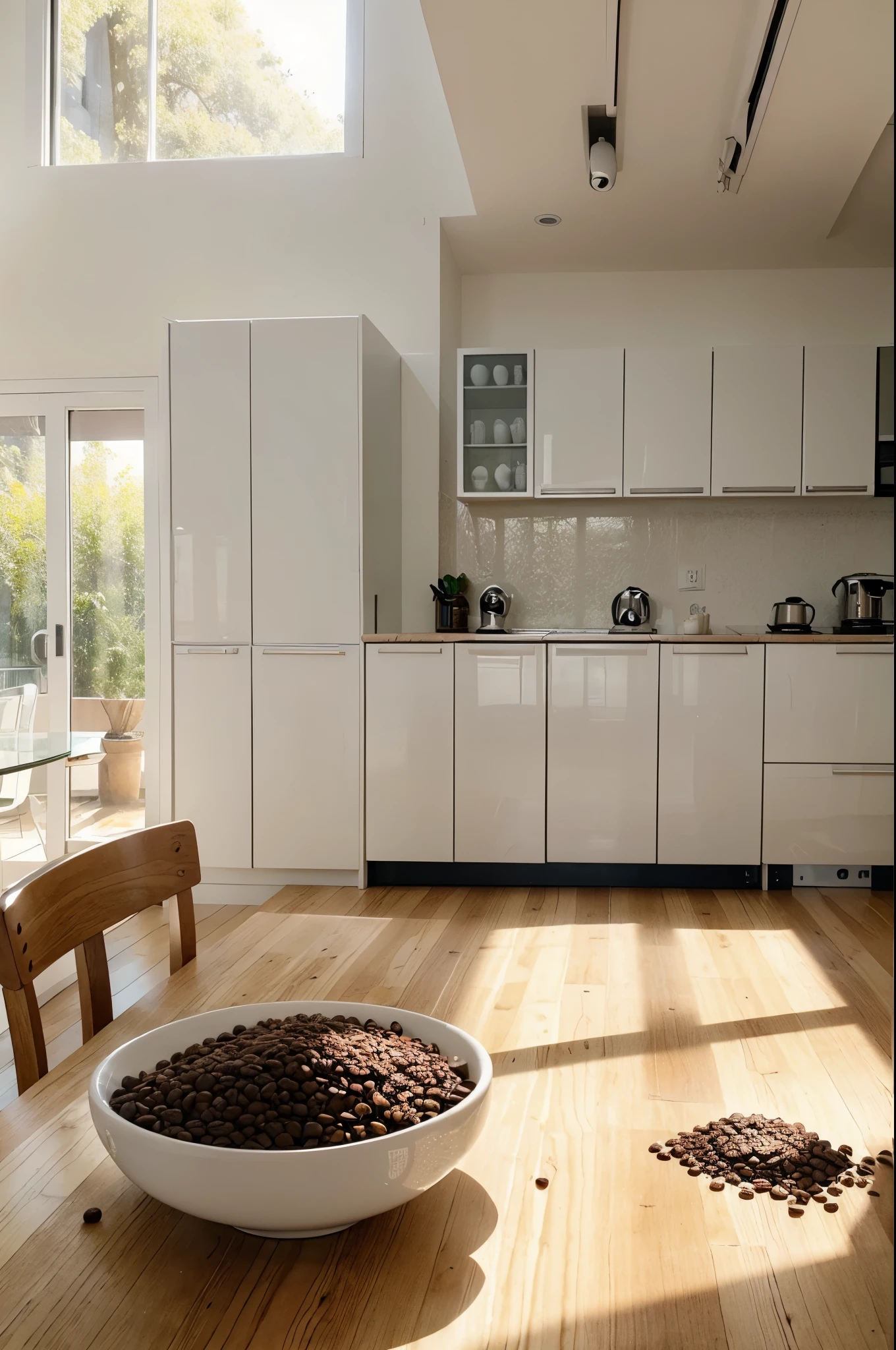 I want the coffee beans to be scattered on the kitchen table and the kitchen should be in white color and the table should also be in white color and the sunlight should come from the window.