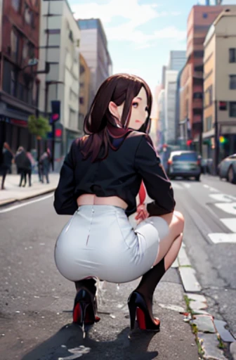 (Cum on clothes:1.3), masterpiece, best quality,1girl,young girl,brown eyes,long hair,mesugaki smile,shiny skin,(nice leg line:1.3),thin waist,huge breasts
BREAK
school uniform,necktie,((pencil skirt)),high heels
BREAK
street,crowd,depth of field,looking at viewer,squatting,from behind,full body,legsupsexms